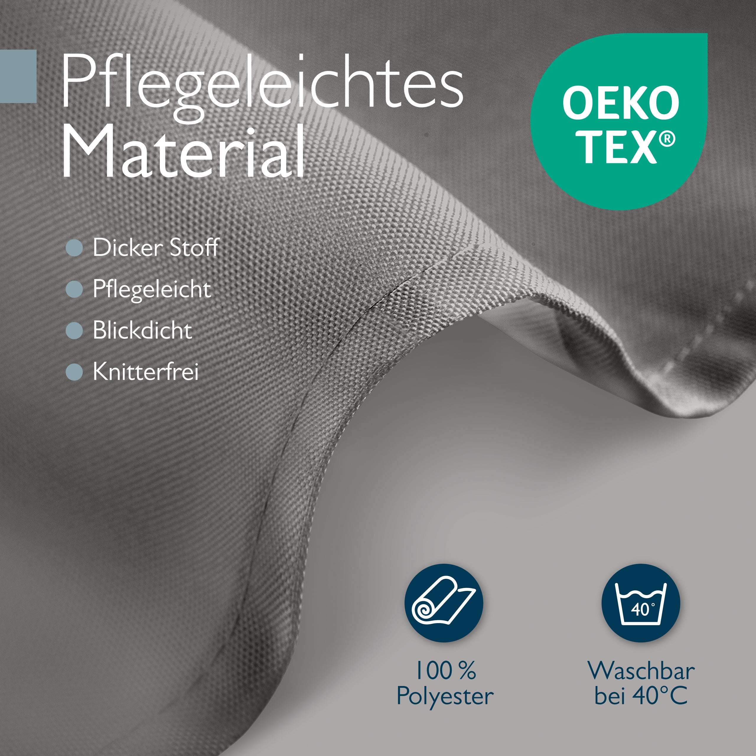 Close-up of grey polyester fabric for Beautissu Weißer Stehtisch table cover, showing durable, easy-care, opaque, and wrinkle-free material details with OEKO-TEX certification and washable at 40°C.