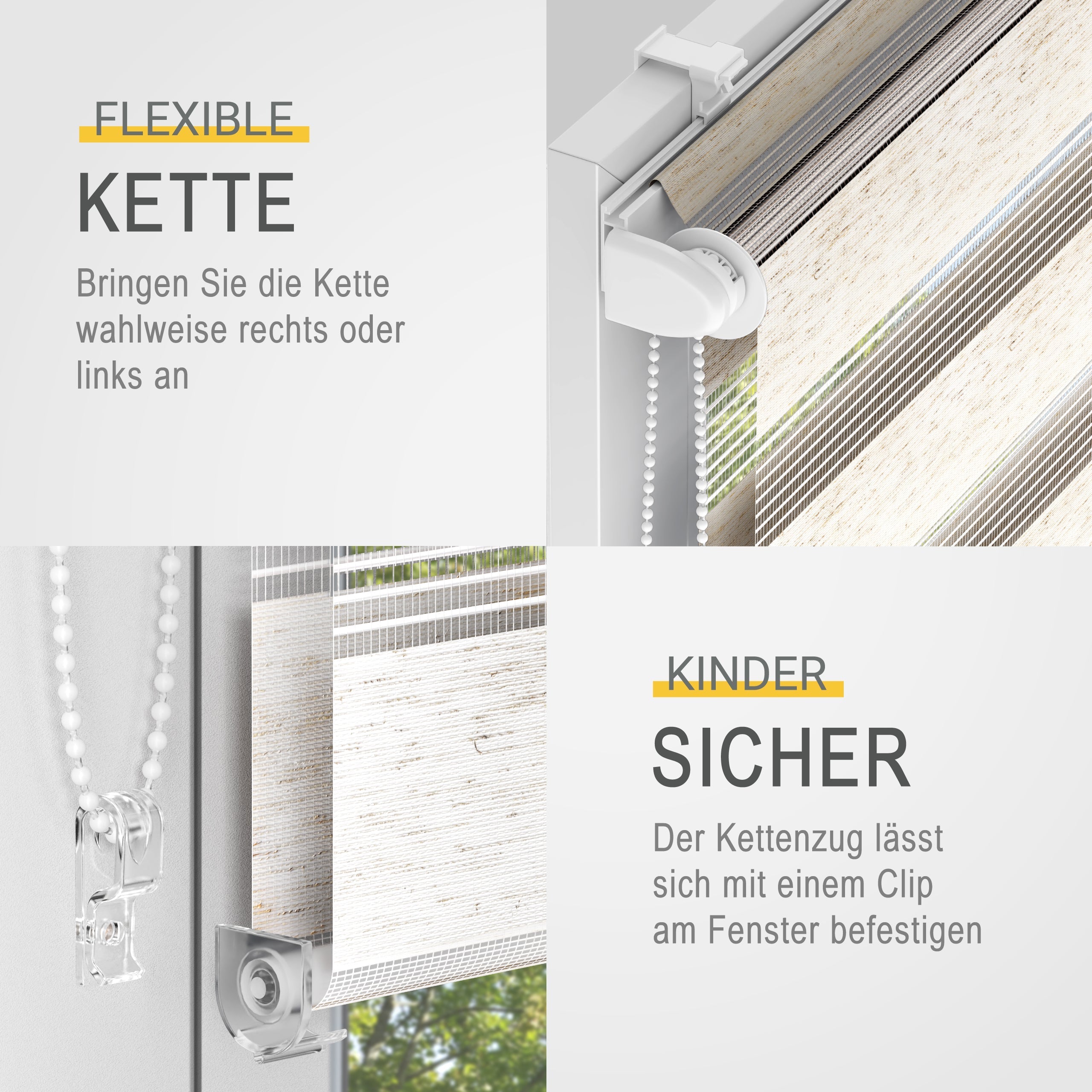 Doppelrollo SolDecor DL2 mit Klemmfix, flexible Kettenzugmontage, kindersicherer Clip, lichtdurchlässig.