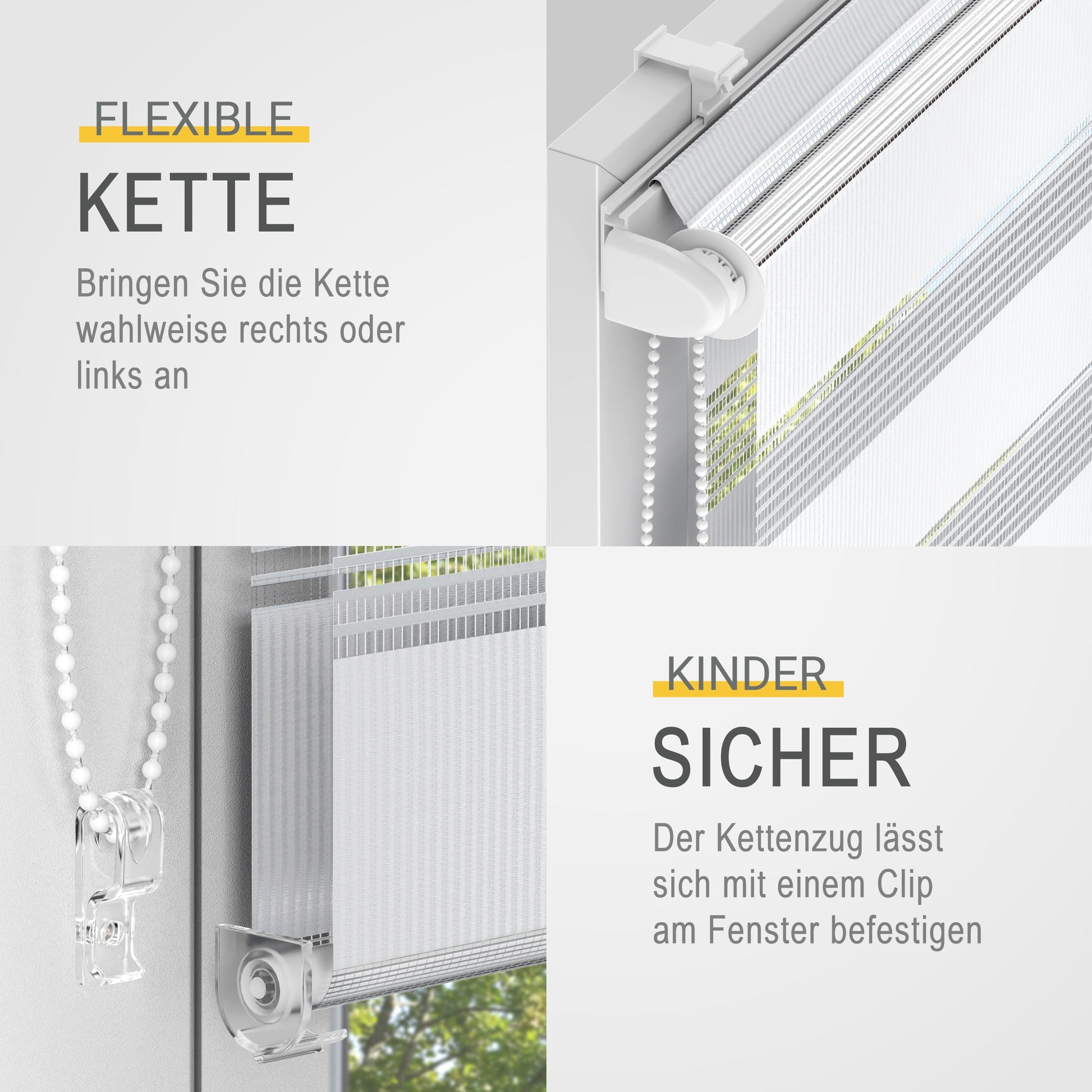 Flexible Kette für Doppelrollo SolDecor DL2 mit kinderfreundlicher Sicherung.