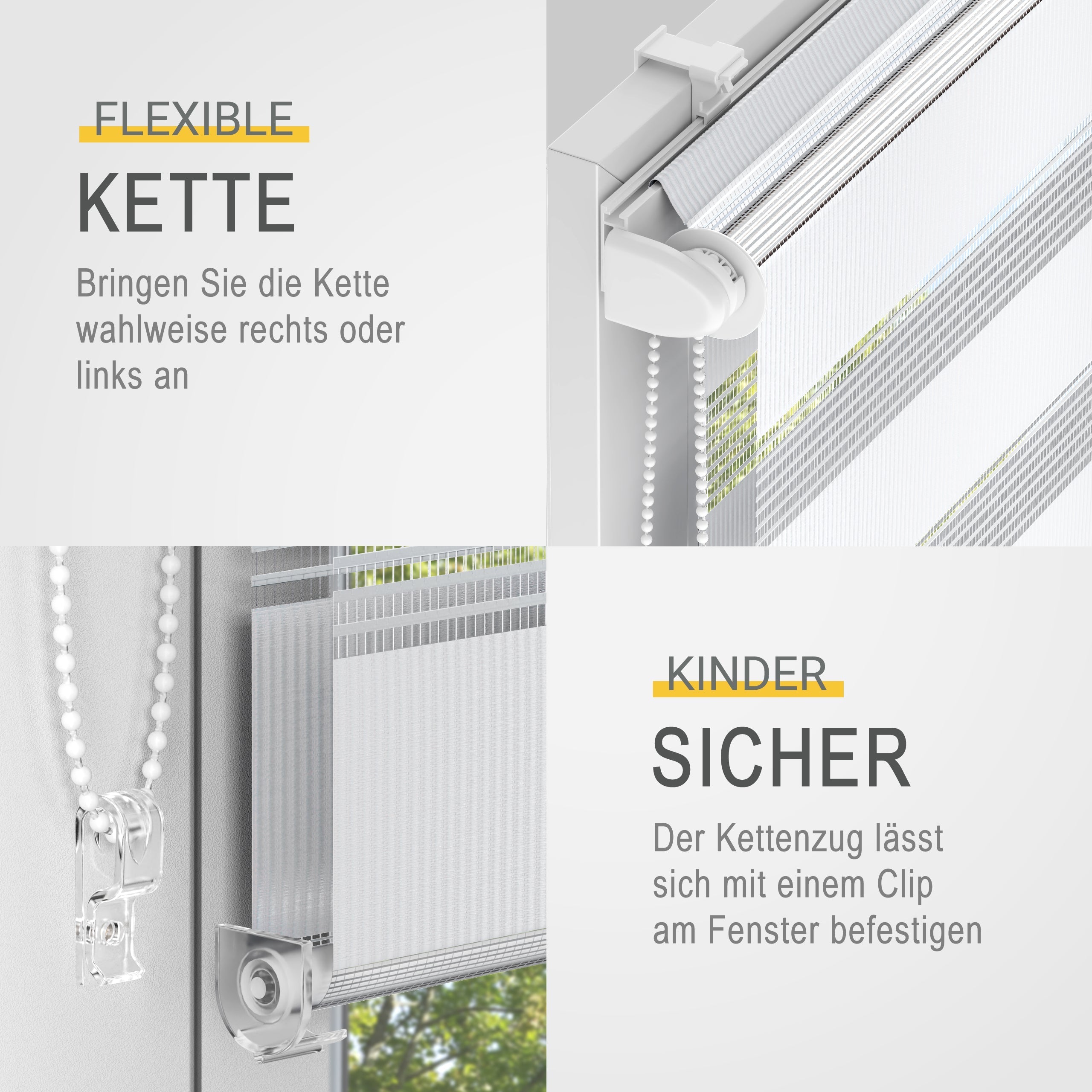 Flexible Kette für Doppelrollo SolDecor DL2 mit kinderfreundlicher Sicherung.