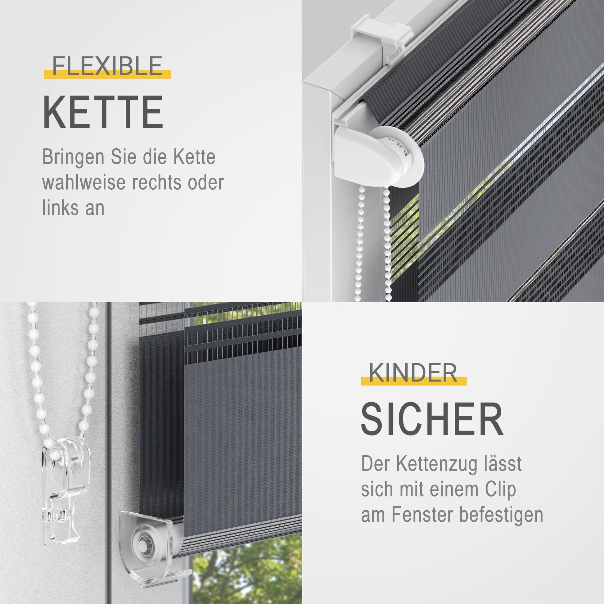 Sol Royal Doppelrollo SolDecor DL2 with flexible chain, easy clip installation, and child safety features.