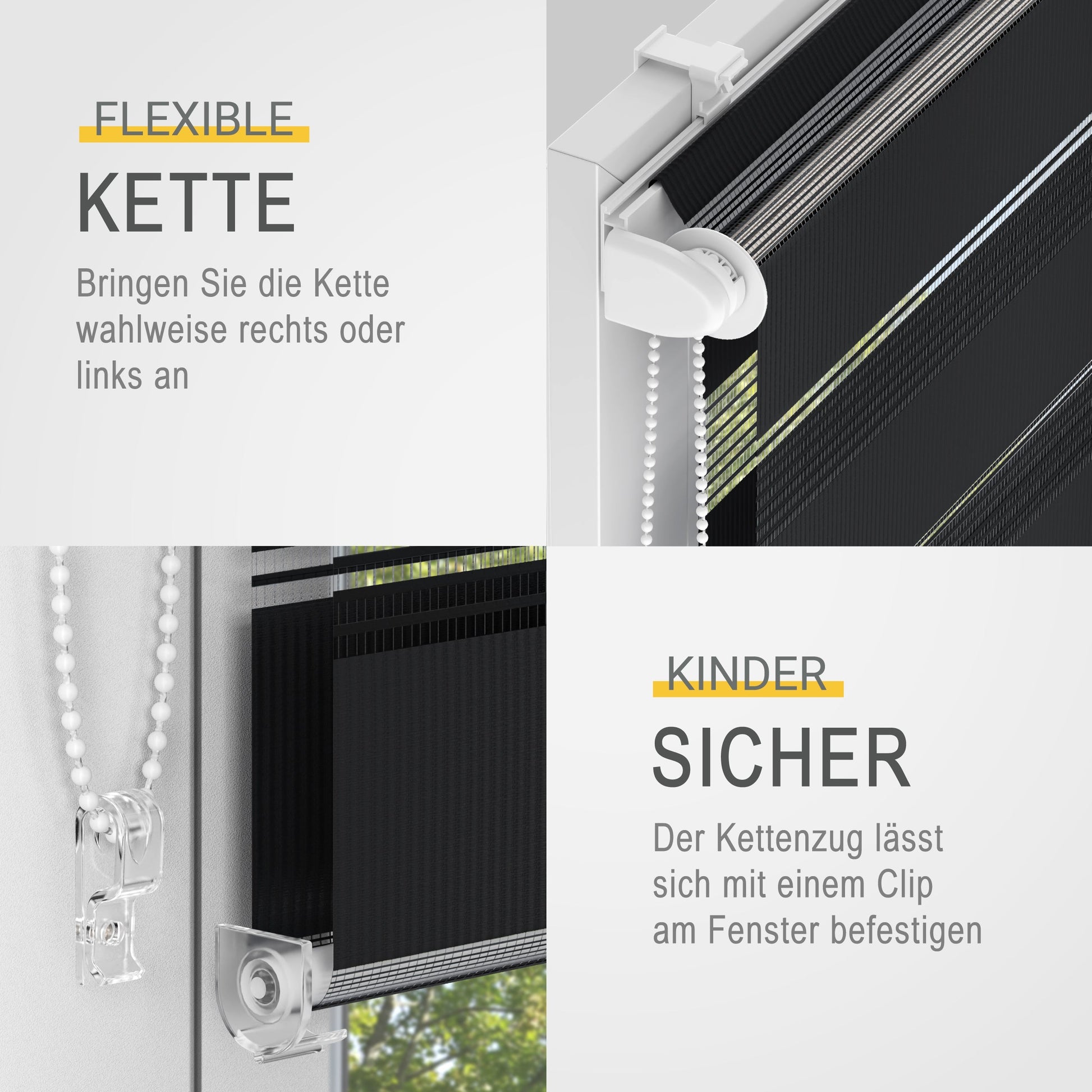 Flexible and secure chain mechanism for Sol Royal Doppelrollo SolDecor DL2, easily clipped to windows.
