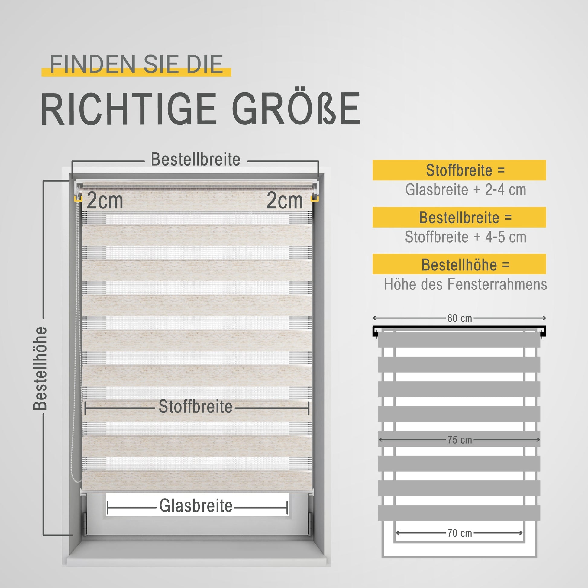 Doppelrollo SolDecor DL2 Montageanleitung; zeigt Messanleitung für richtige Stoff- und Bestellbreite.