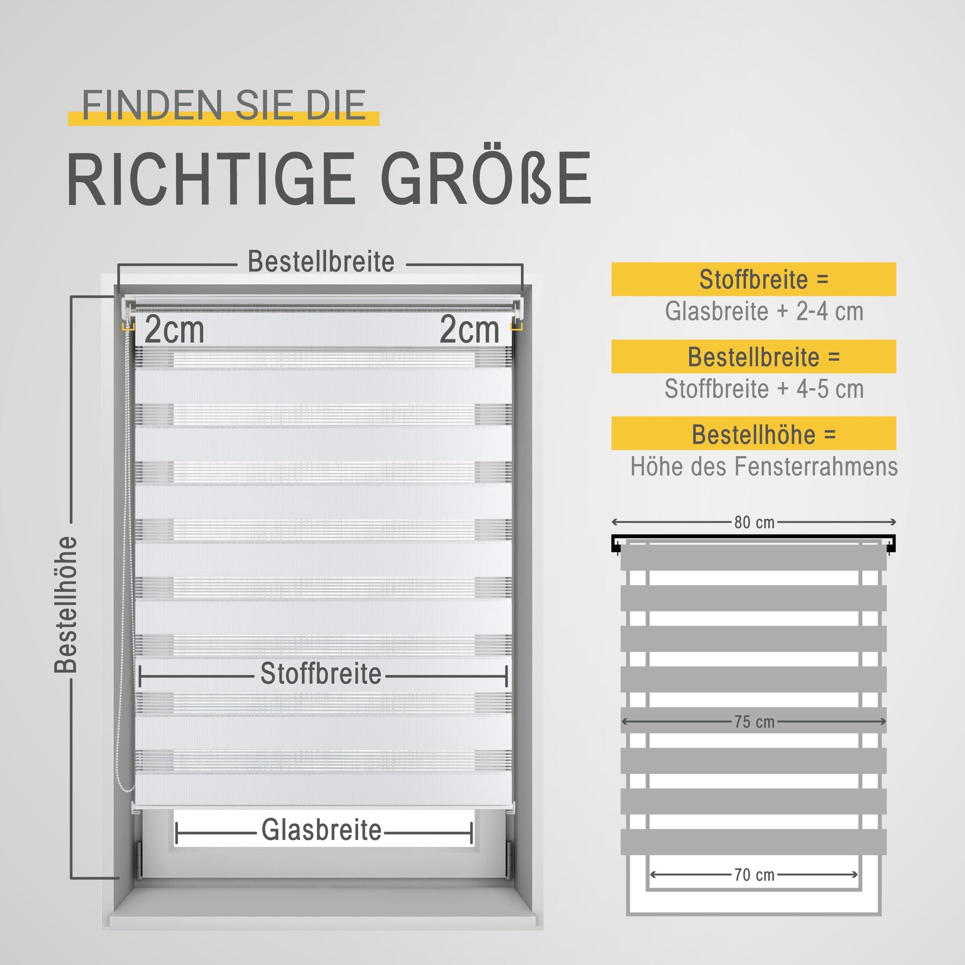 Doppelrollo SolDecor DL2 size measurement guide in window frame showing Stoffbreite and Bestellhöhe dimensions.