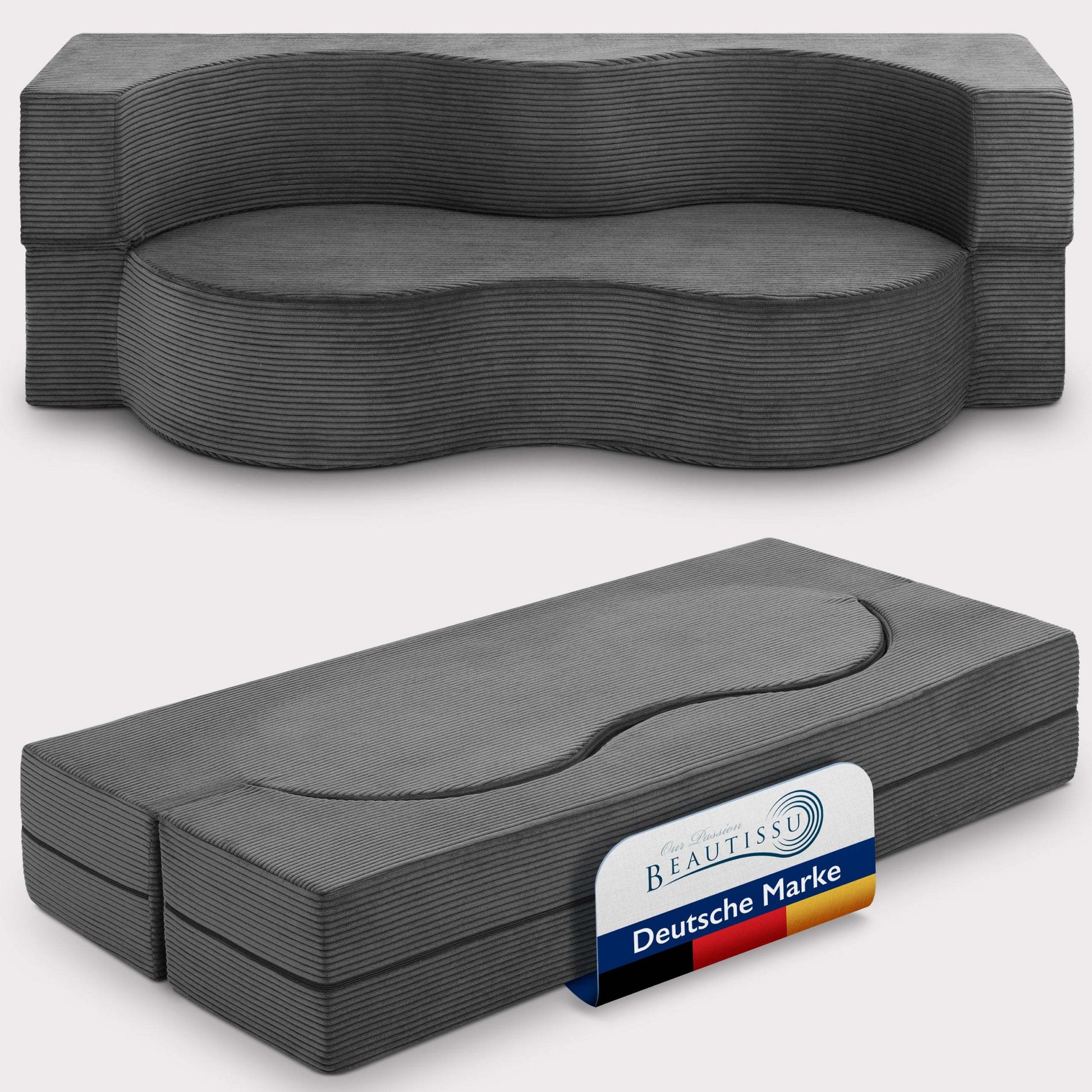 Modernes Klappsofa mit Schlaffunktion und Cord-Bezug, platzsparend und komfortabel