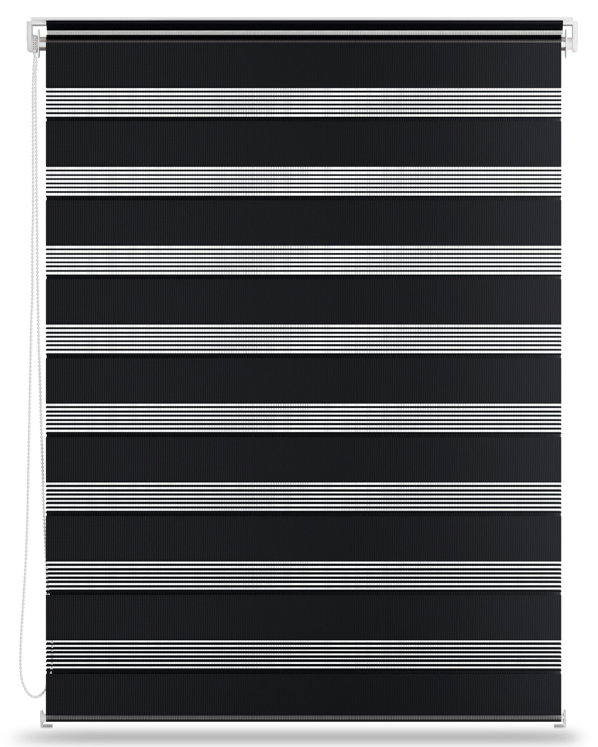 Doppelrollo SolDecor DL2 in black with white transparent stripes, easy clamp installation.