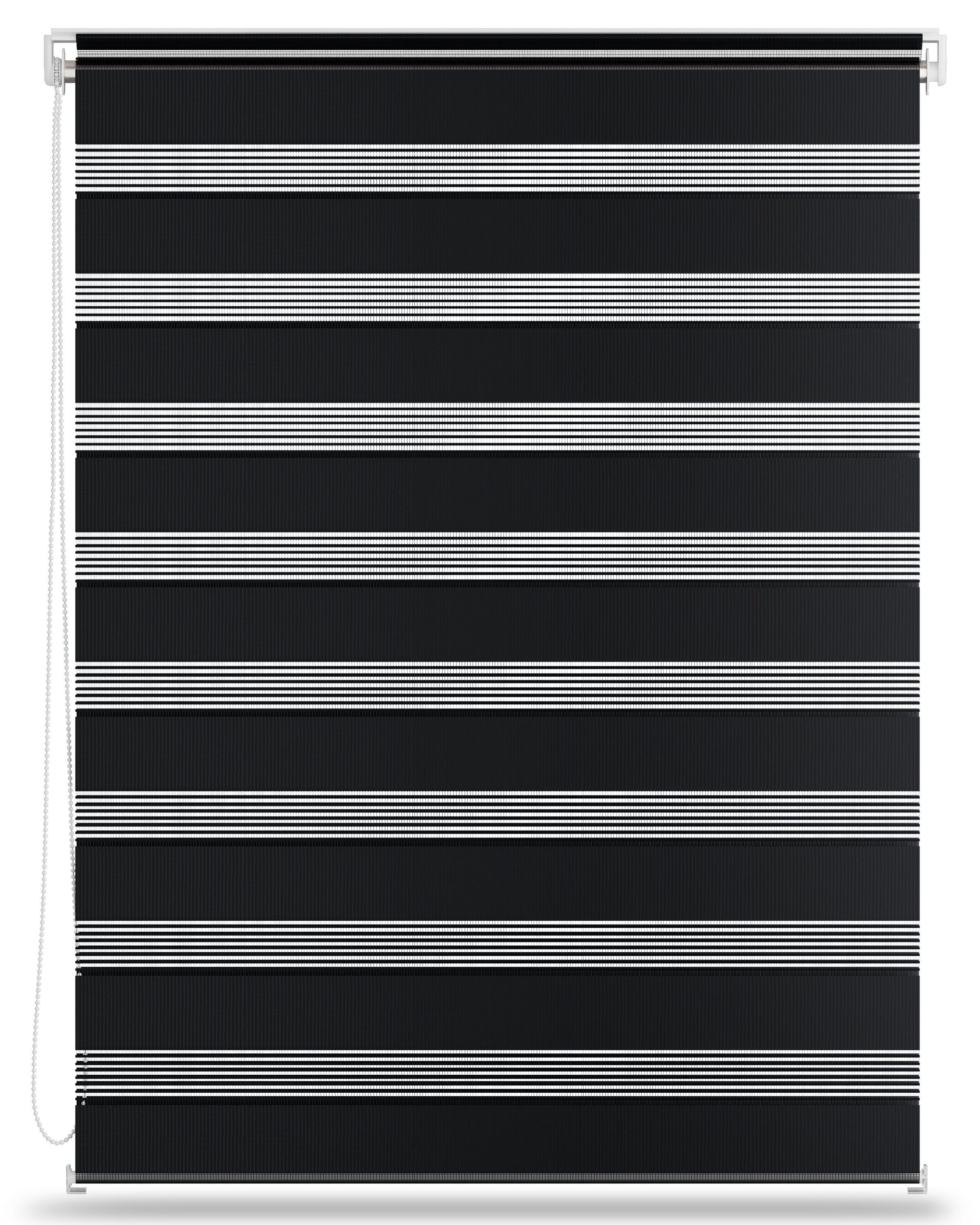 Doppelrollo SolDecor DL2 in black with white transparent stripes, easy clamp installation.