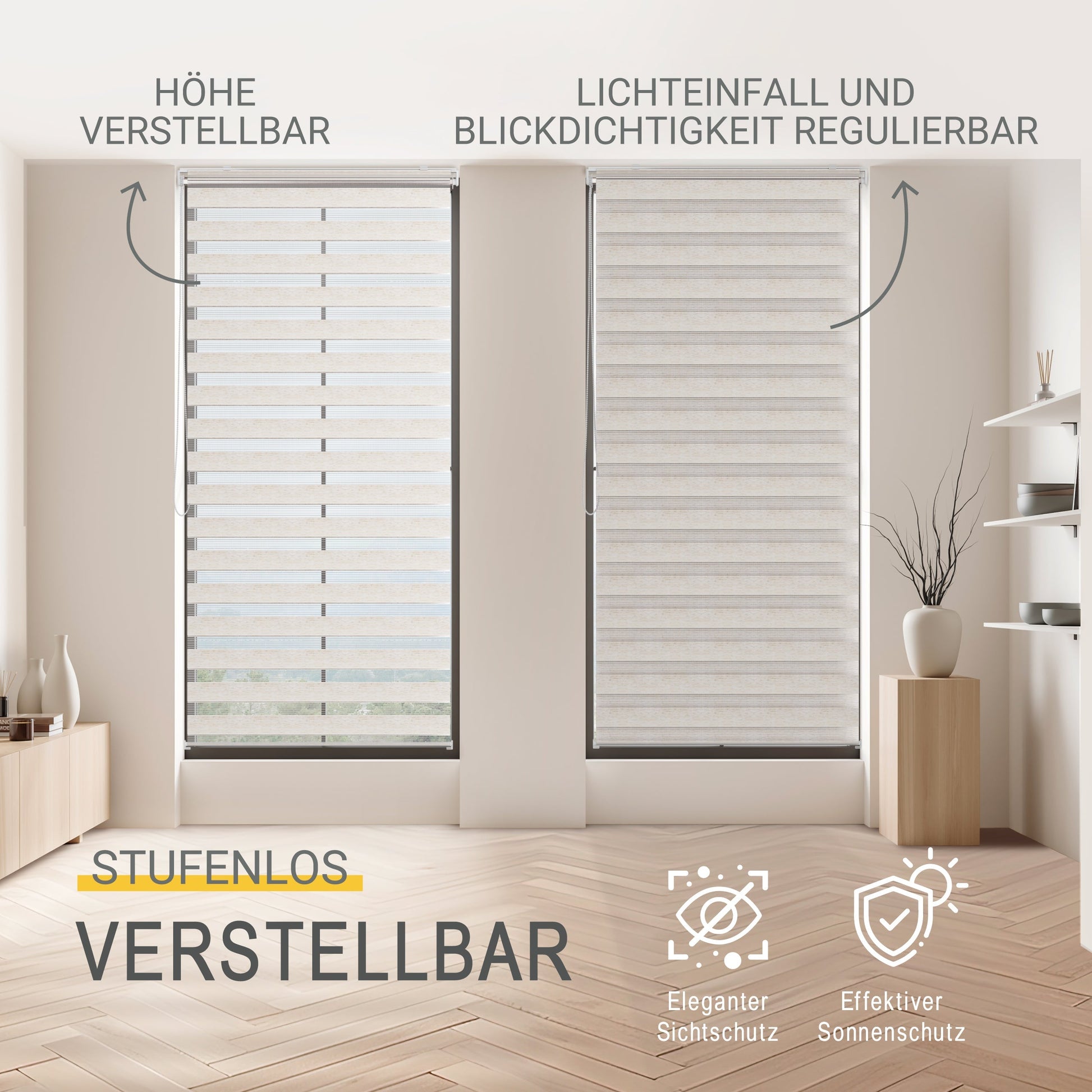 Doppelrollo SolDecor DL2, höhenverstellbar, blend- und sichtschutz, eleganter Sonnenschutz, lichtdurchlässig, Wohnzimmer.