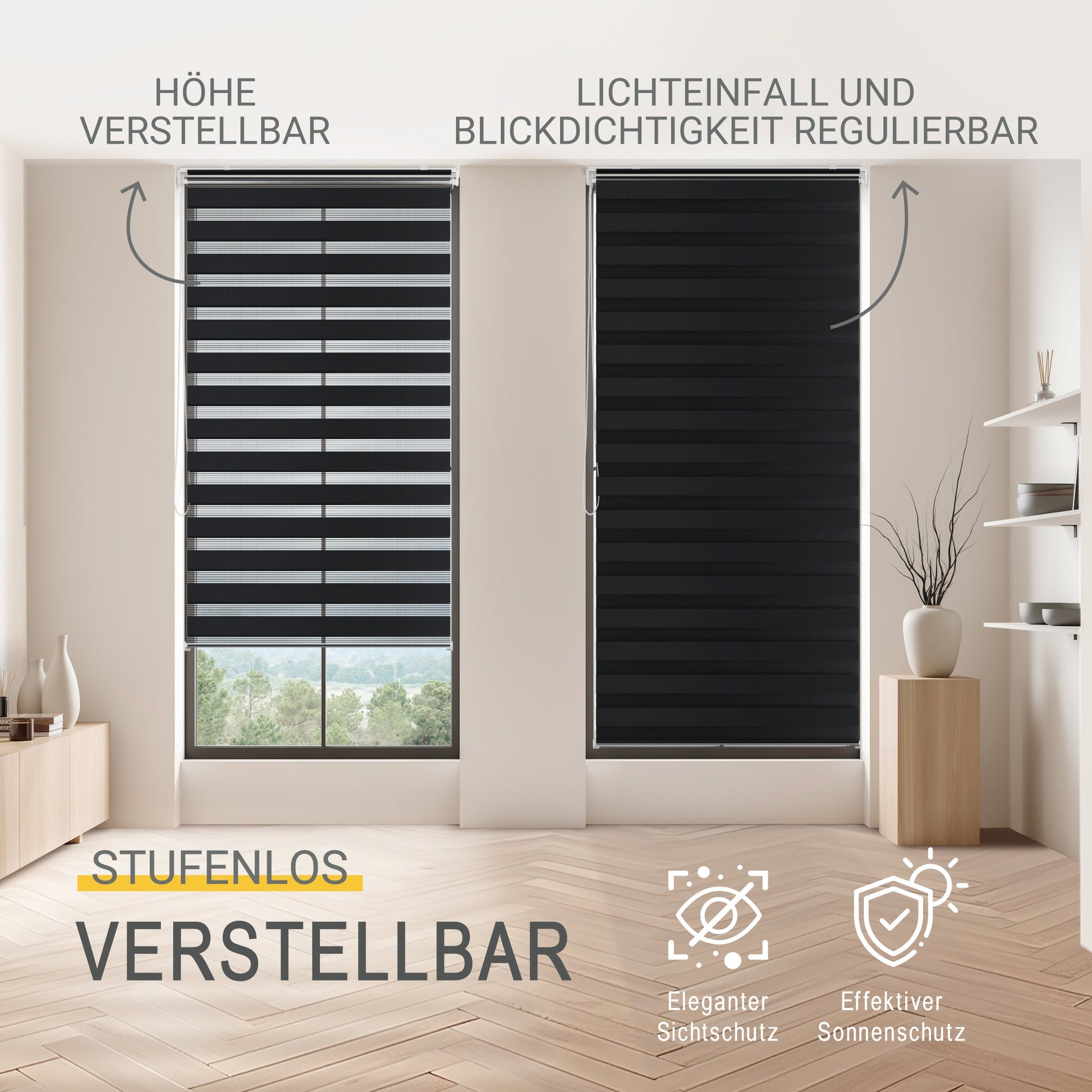 Doppelrollo SolDecor DL2, höhenverstellbar, lichtdurchlässig, einfacher Klemmfix-Montage, Sicht- und Sonnenschutz, elegantem Design.