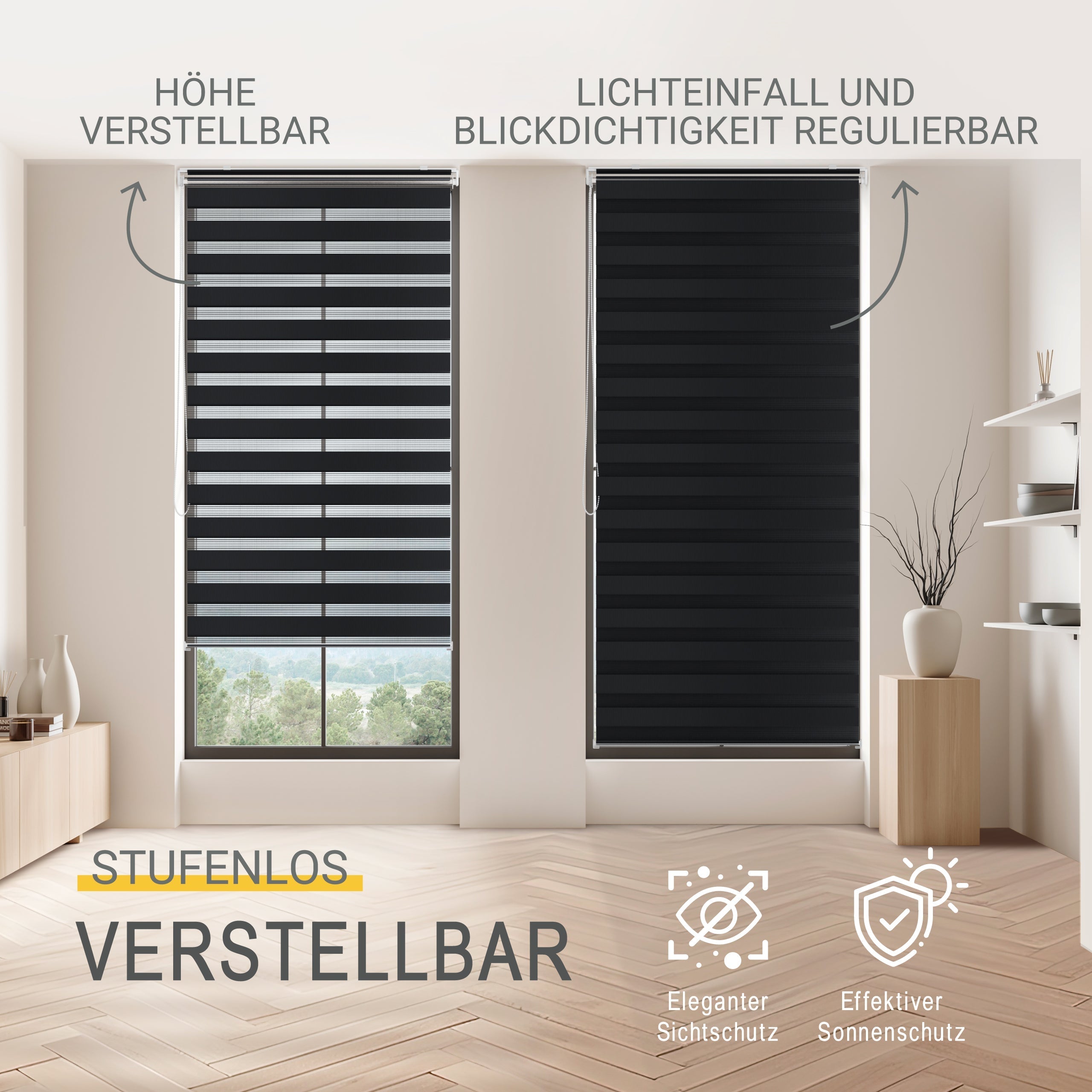 Doppelrollo SolDecor DL2, höhenverstellbar, lichtdurchlässig, einfacher Klemmfix-Montage, Sicht- und Sonnenschutz, elegantem Design.