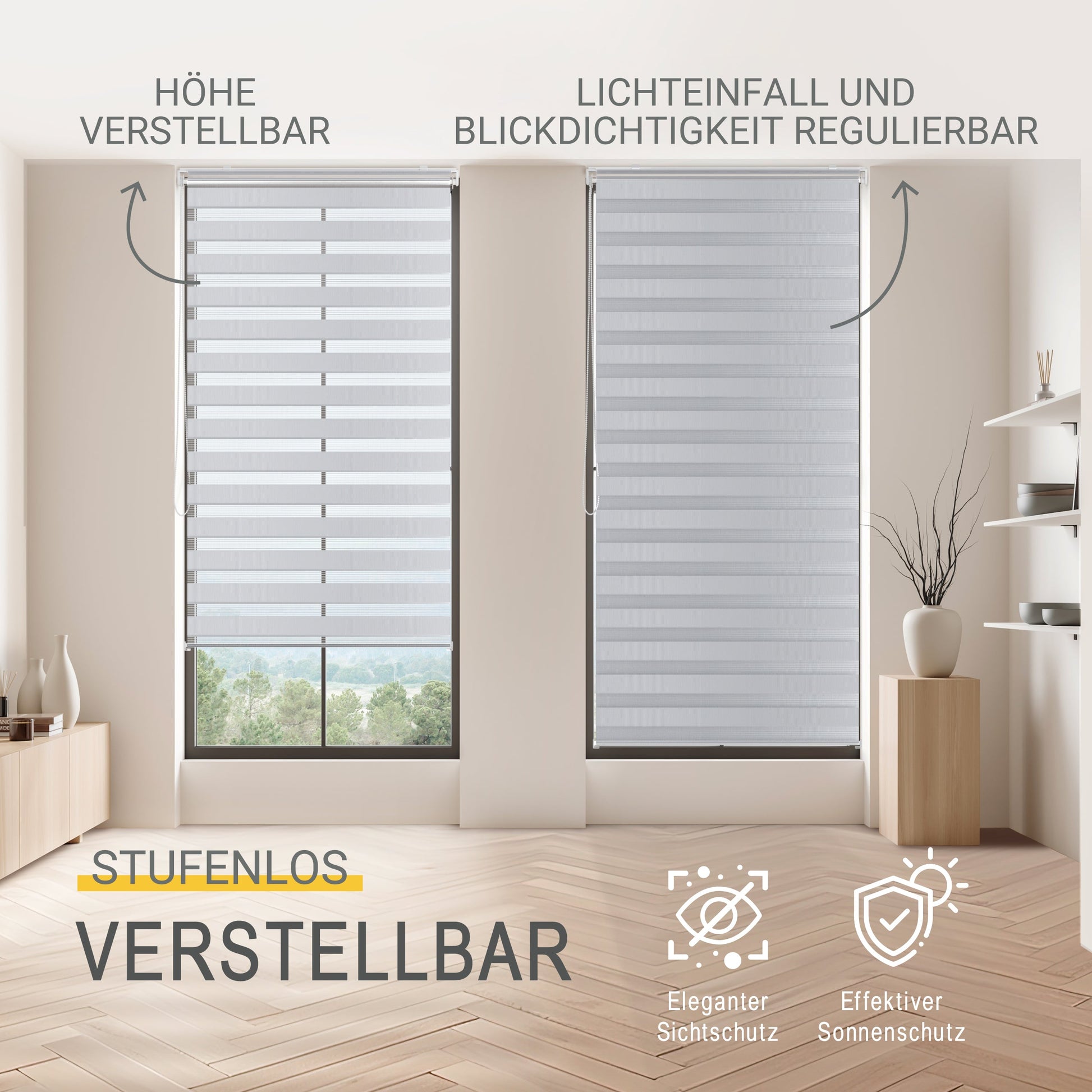 Sol Royal Doppelrollo SolDecor DL2 in modernem Wohnraum, höhenverstellbar und regulierbar für Licht- und Sichtschutz.