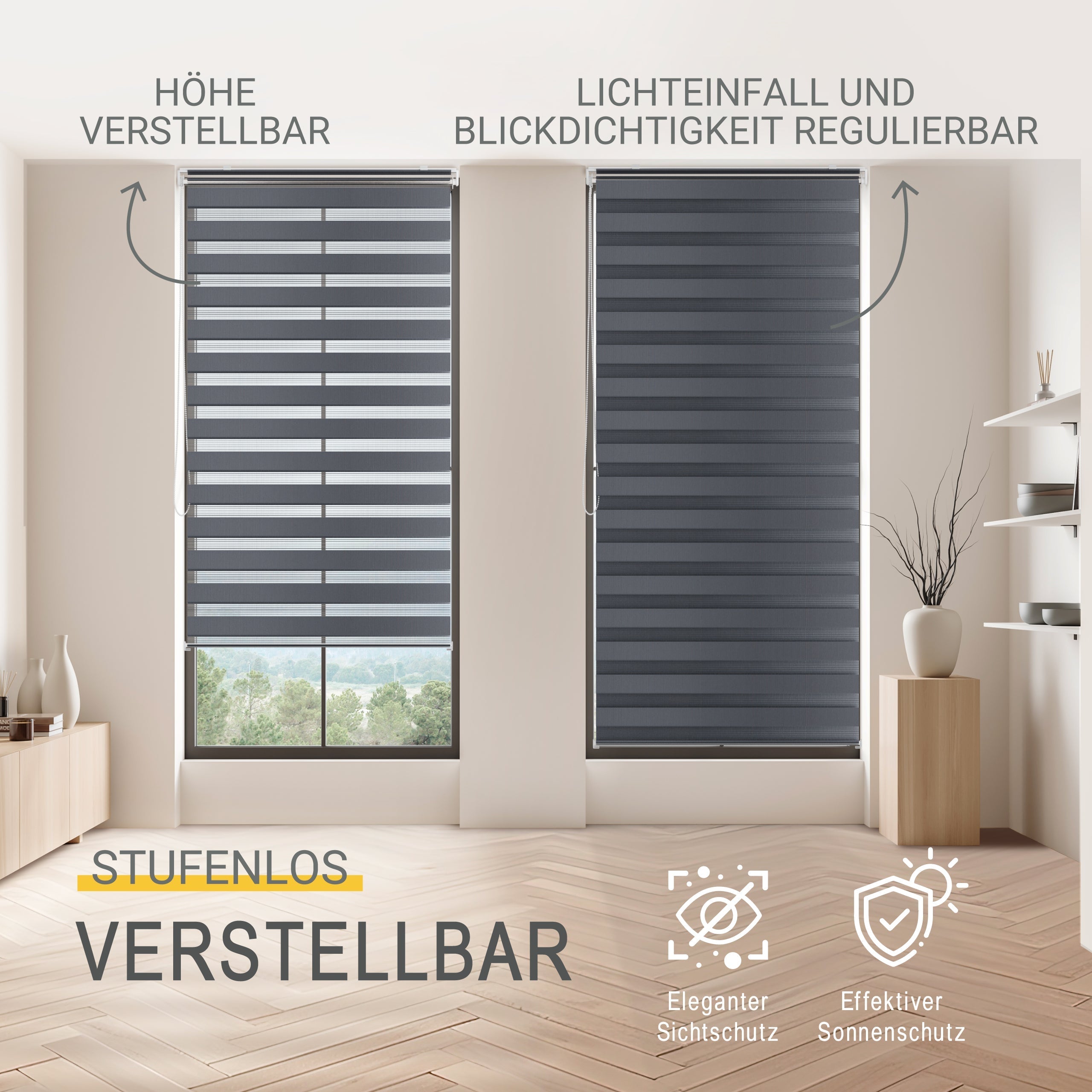 Sol Royal Doppelrollo SolDecor DL2 in modernem Raum, höhen- und lichtregulierbar, eleganter Sicht- und Sonnenschutz.