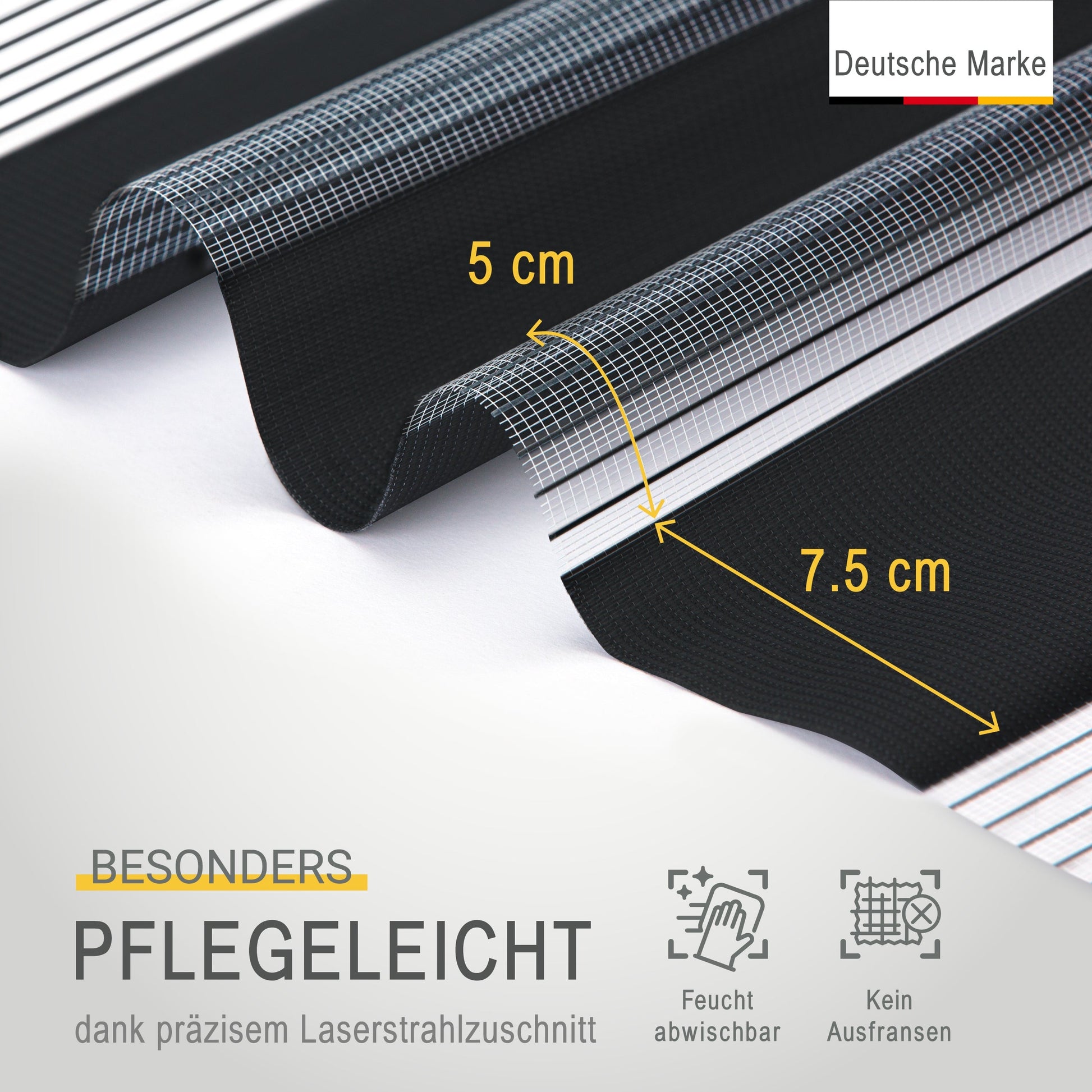 Doppelrollo SolDecor DL2, leicht zu pflegen, deutsche Marke, präziser Laserschnitt, feucht abwischbar, kein Ausfransen.