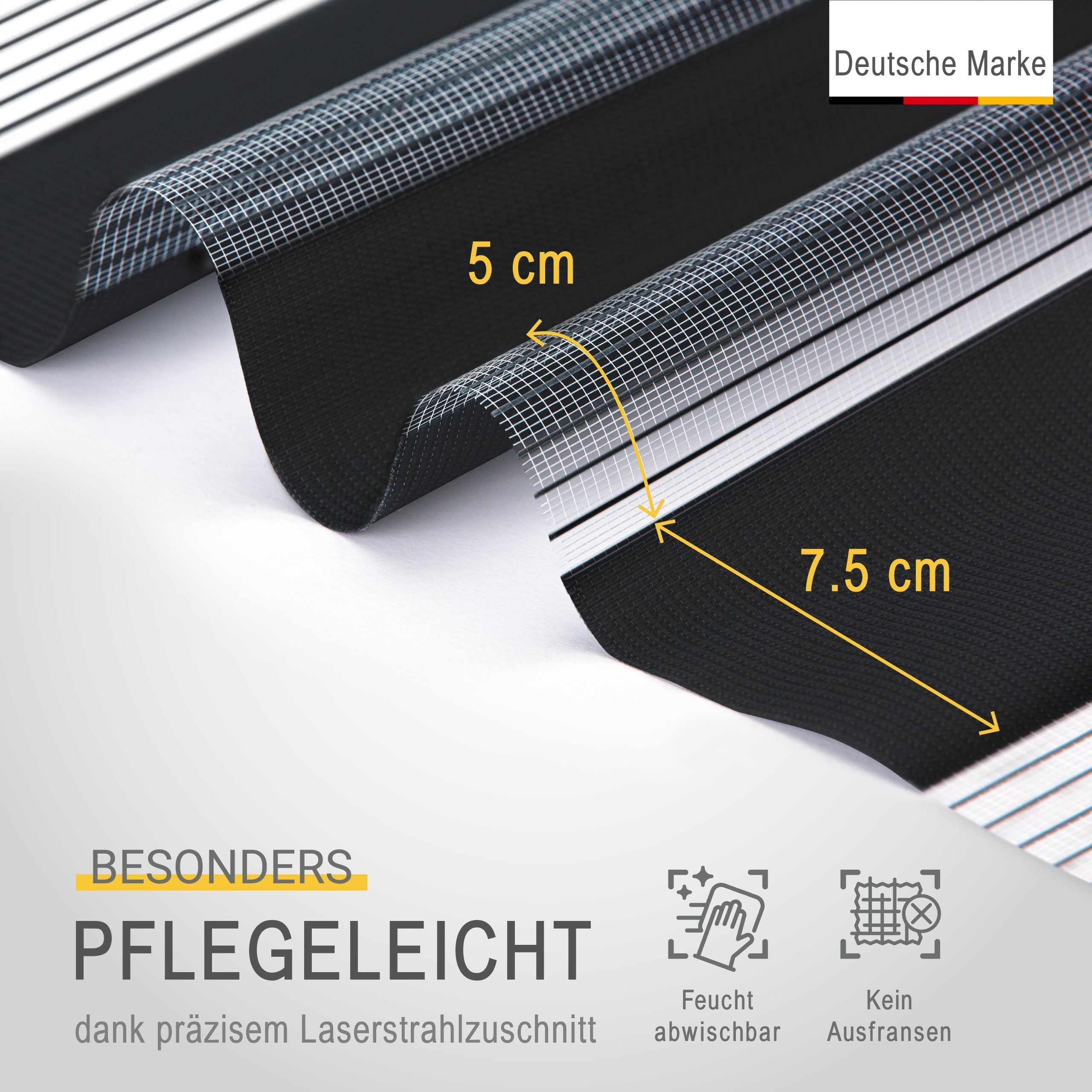 Doppelrollo SolDecor DL2, leicht zu pflegen, deutsche Marke, präziser Laserschnitt, feucht abwischbar, kein Ausfransen.