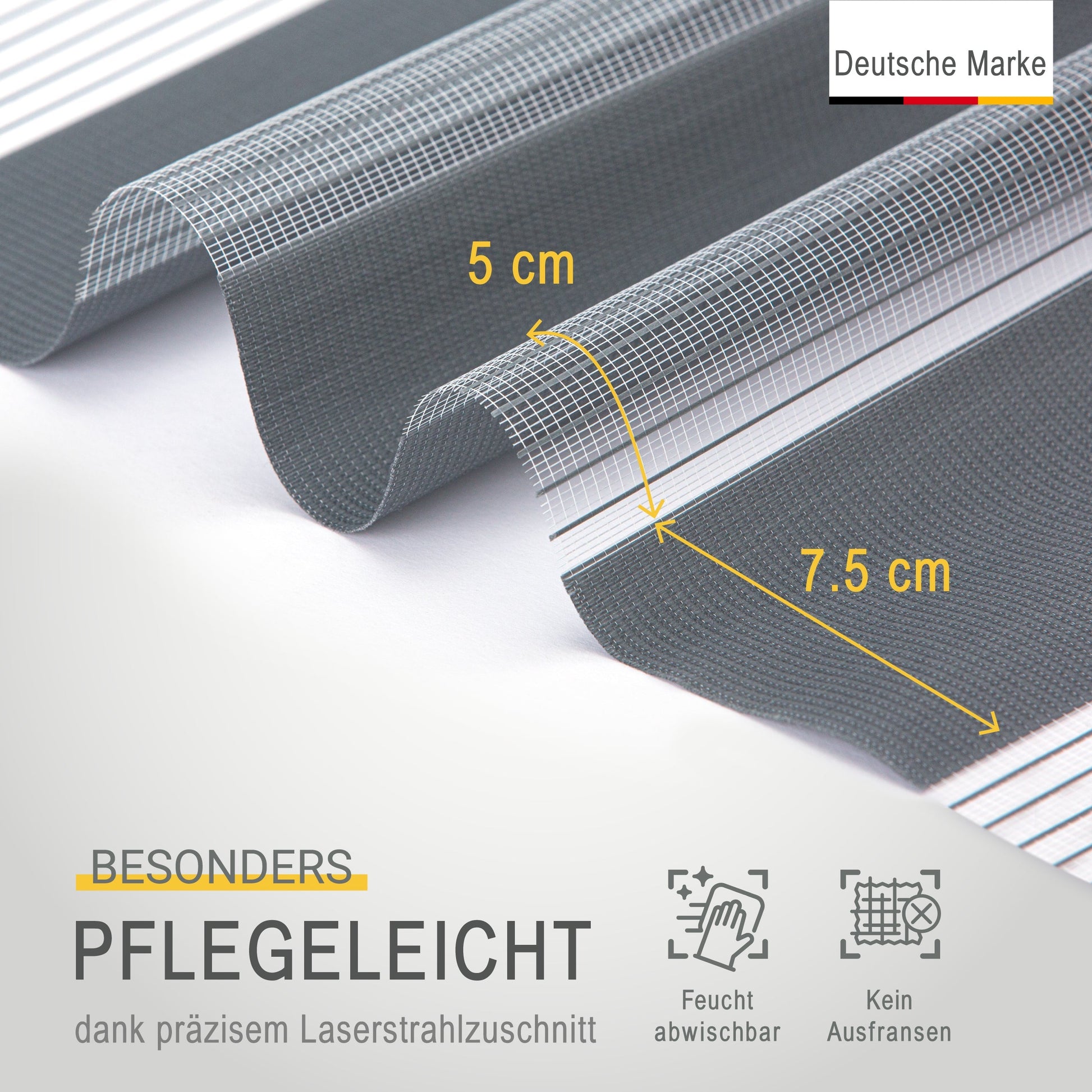 Doppelrollo SolDecor DL2, pflegeleicht, graues Duo-Rollo, feucht abwischbar, präziser Laserschnitt, 5 cm Stoffbreite, 7.5 cm Gesamtbreite, deutsche Marke.