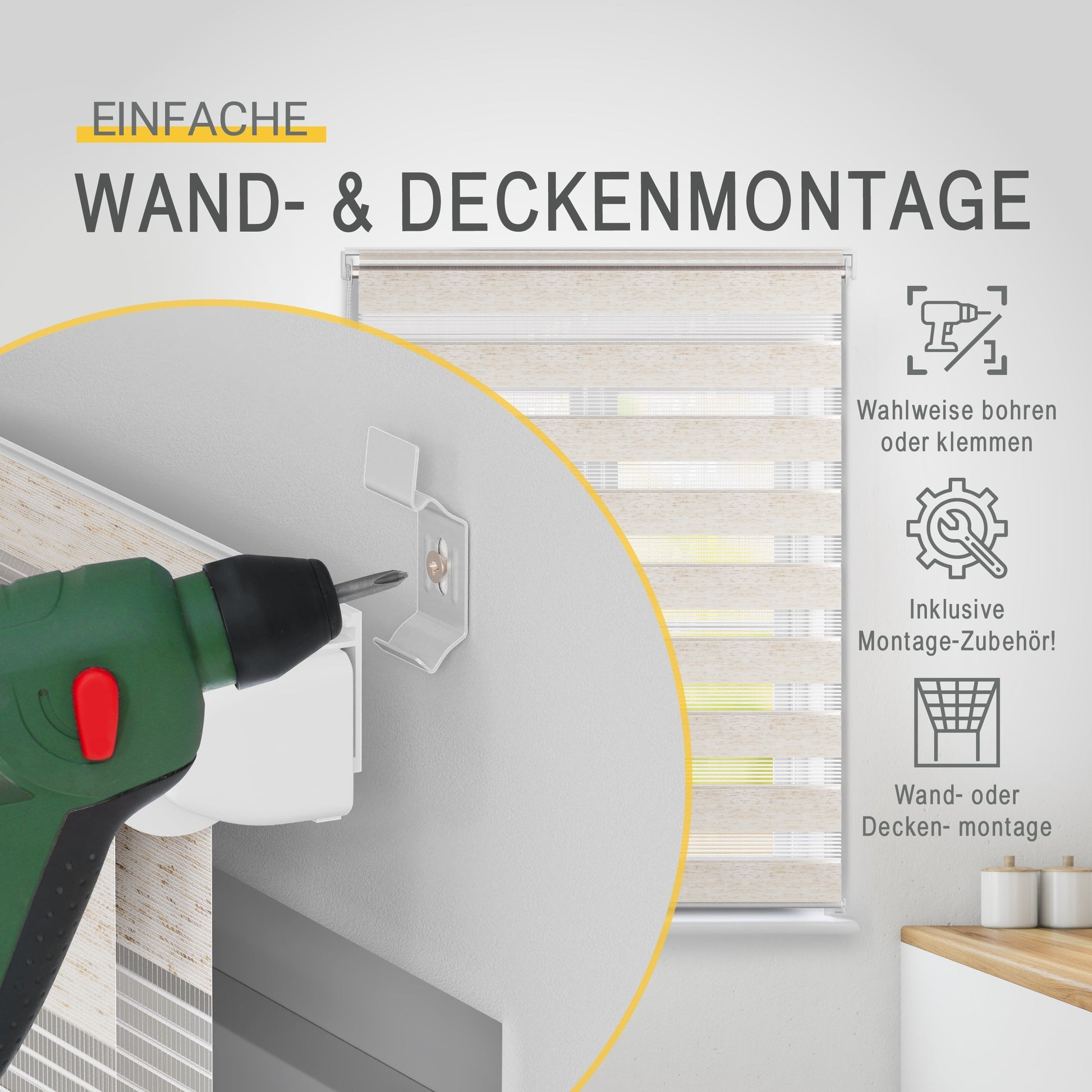 Einfache Wand- und Deckenmontage für Doppelrollo SolDecor DL2, bohren oder klemmen möglich, inklusives Zubehör.