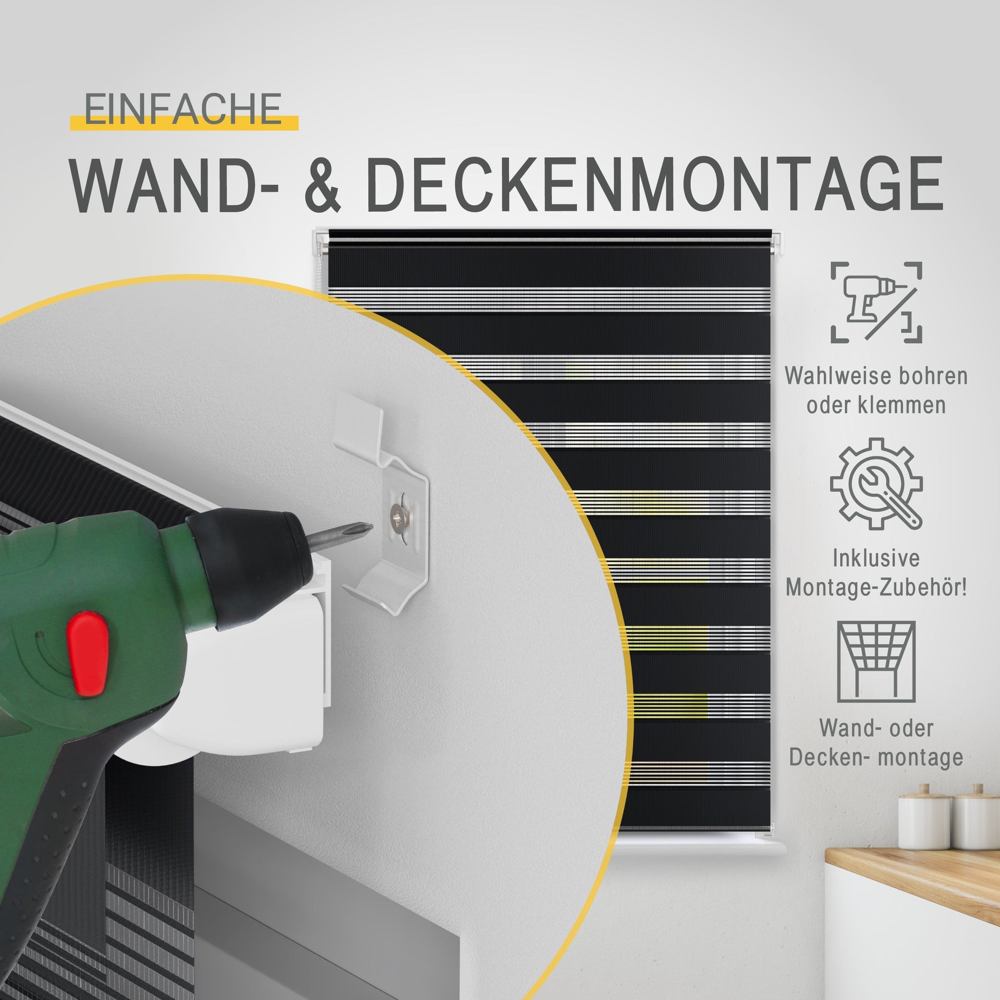 Sol Royal SolDecor DL2 Doppelrollo with easy wall and ceiling mounting, no drilling required.