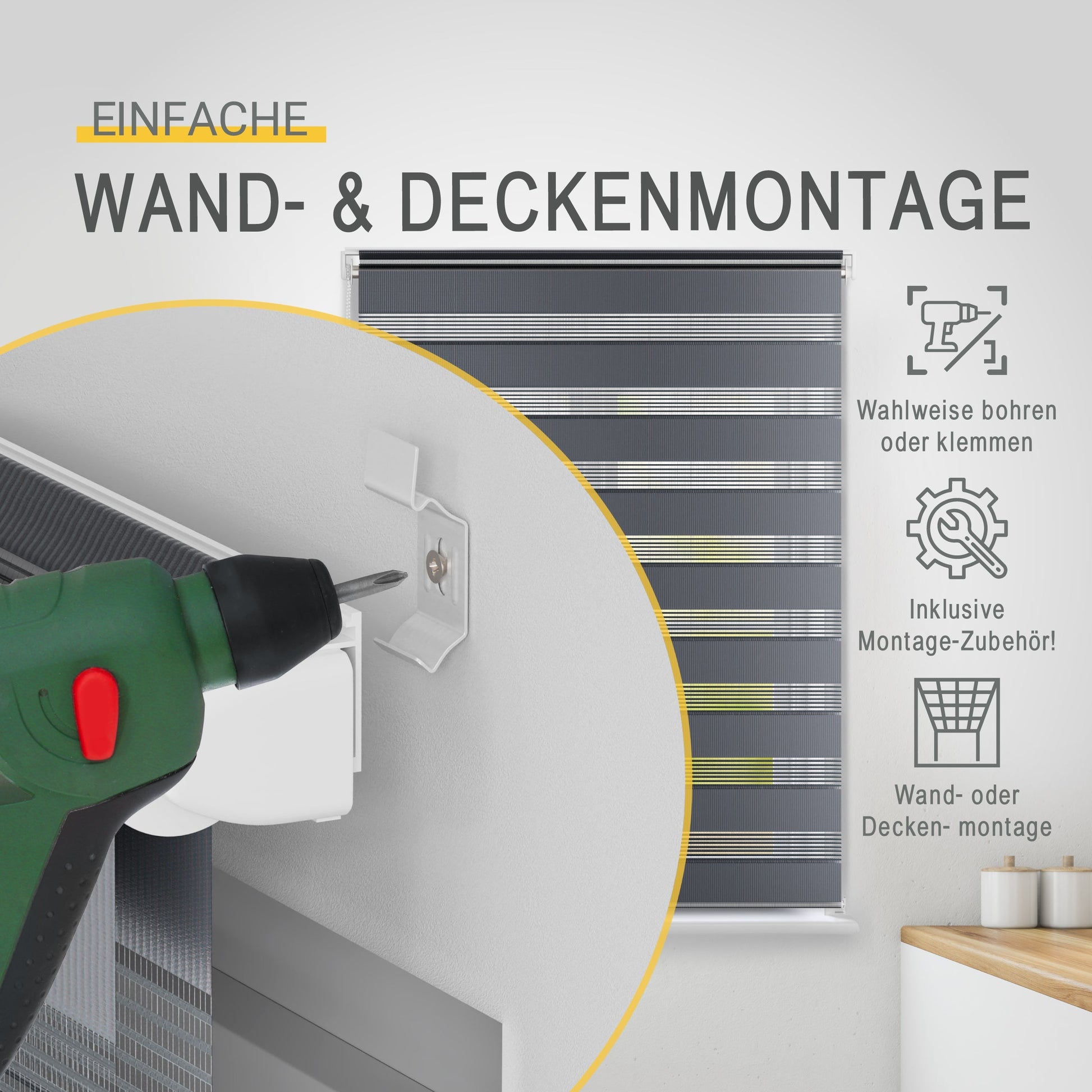 Doppelrollo SolDecor DL2 with easy wall and ceiling mounting options, featuring drill or clip installation method.