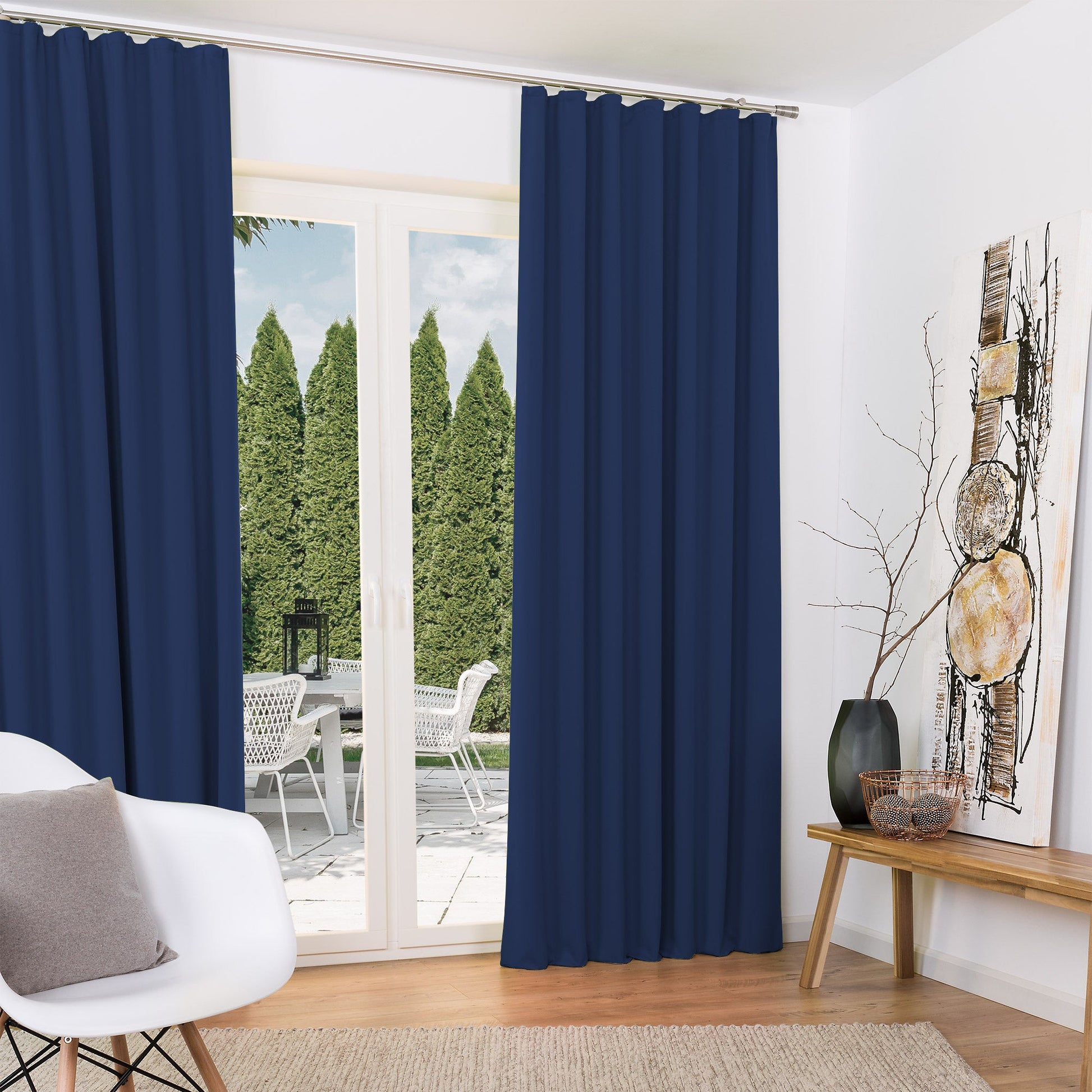 2er Set Beautissu Amelie blackout curtains with pleat tape in elegant blue, perfect for 100% UV-resistant and light-blocking decoration.