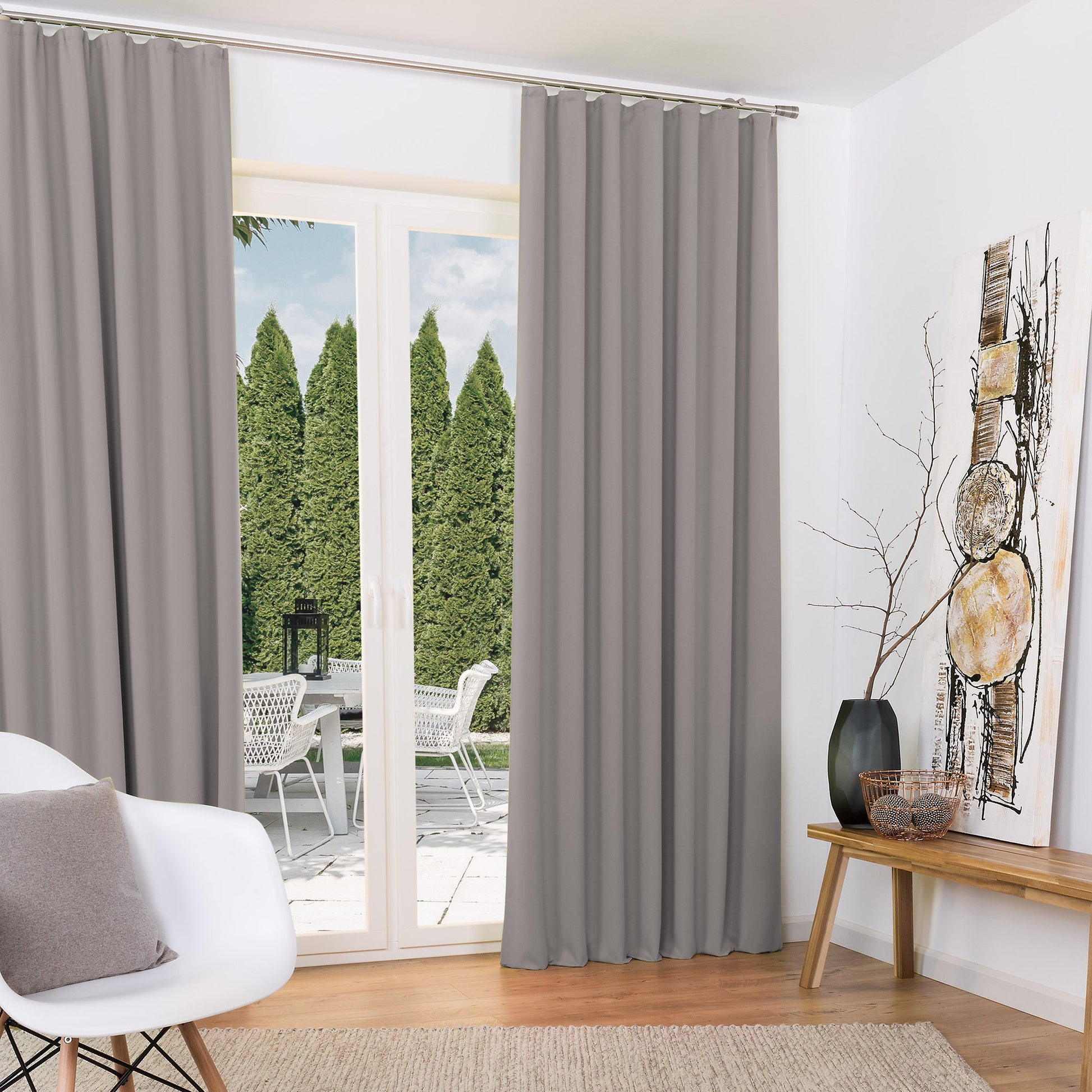 2er Set Beautissu Kräuselband Amelie Blackout Vorhänge, lichtundurchlässig, graue Farbe, elegante Optik, für Wohnbereich, pflegeleichtes Polyester.