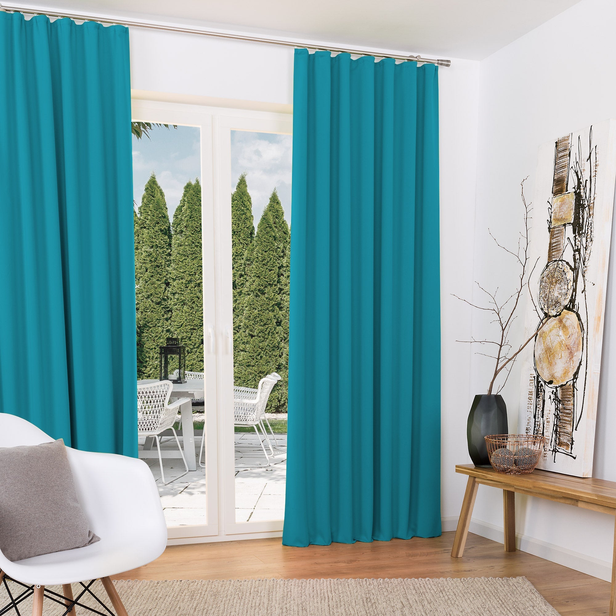 2er Set Beautissu Amelie Blackout Vorhänge vor Fenster, türkis, lichtundurchlässig.