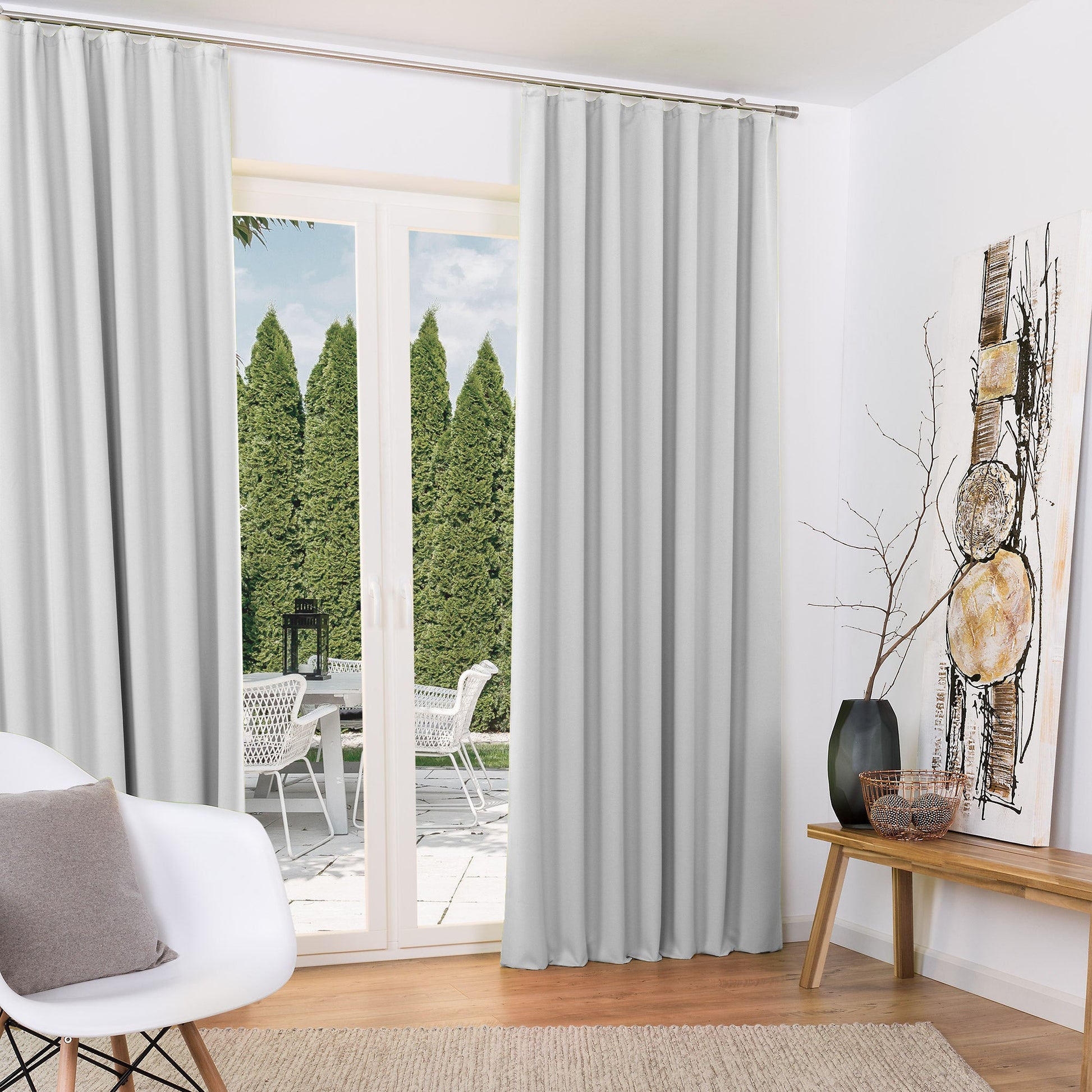 2er Set Beautissu Amelie blackout curtains in elegant design, light grey color, with curtain tape hanging.