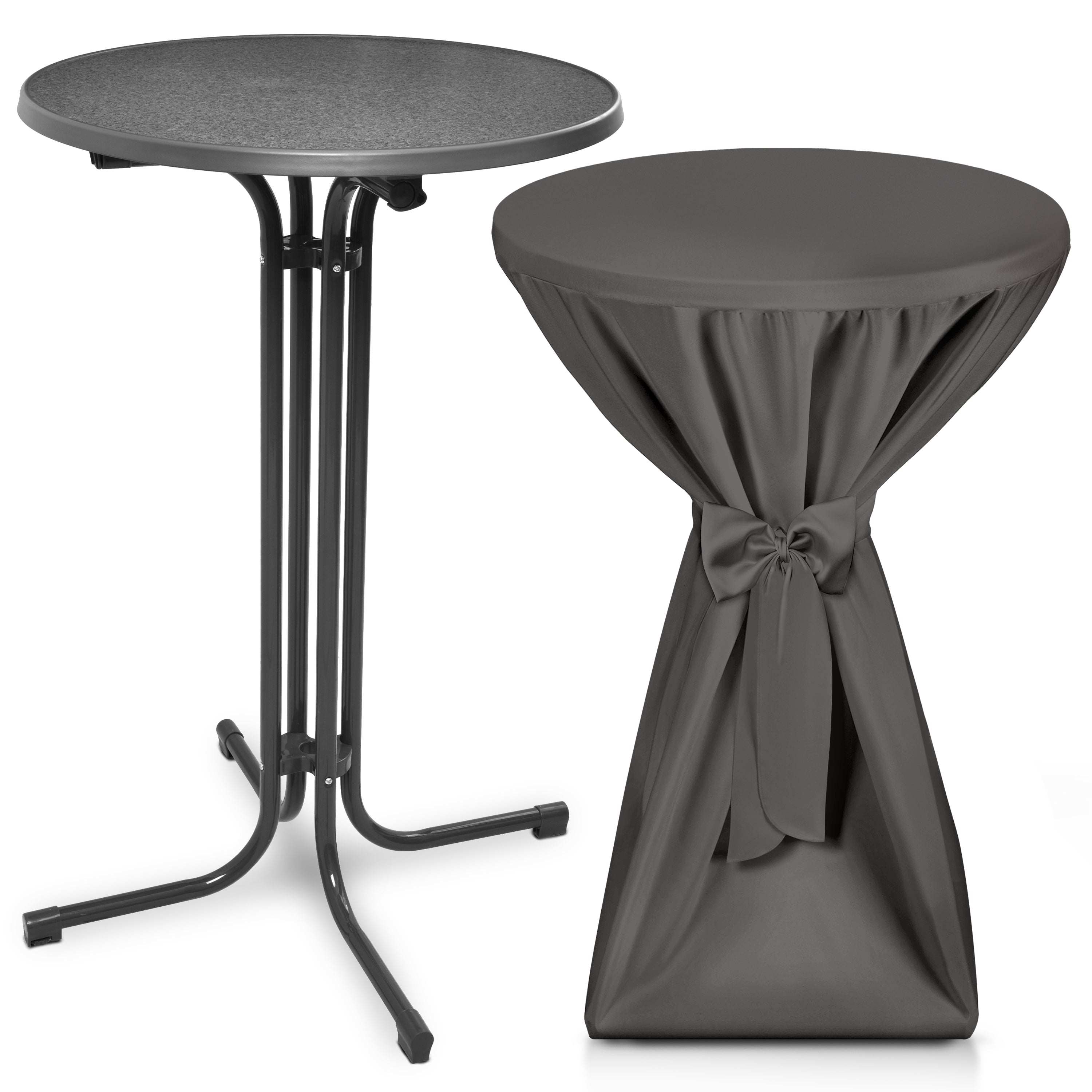 Beautissu grey folding standing table Bellini with matching elegant fitted table cover and bow, weather-resistant and height-adjustable for indoor and outdoor events