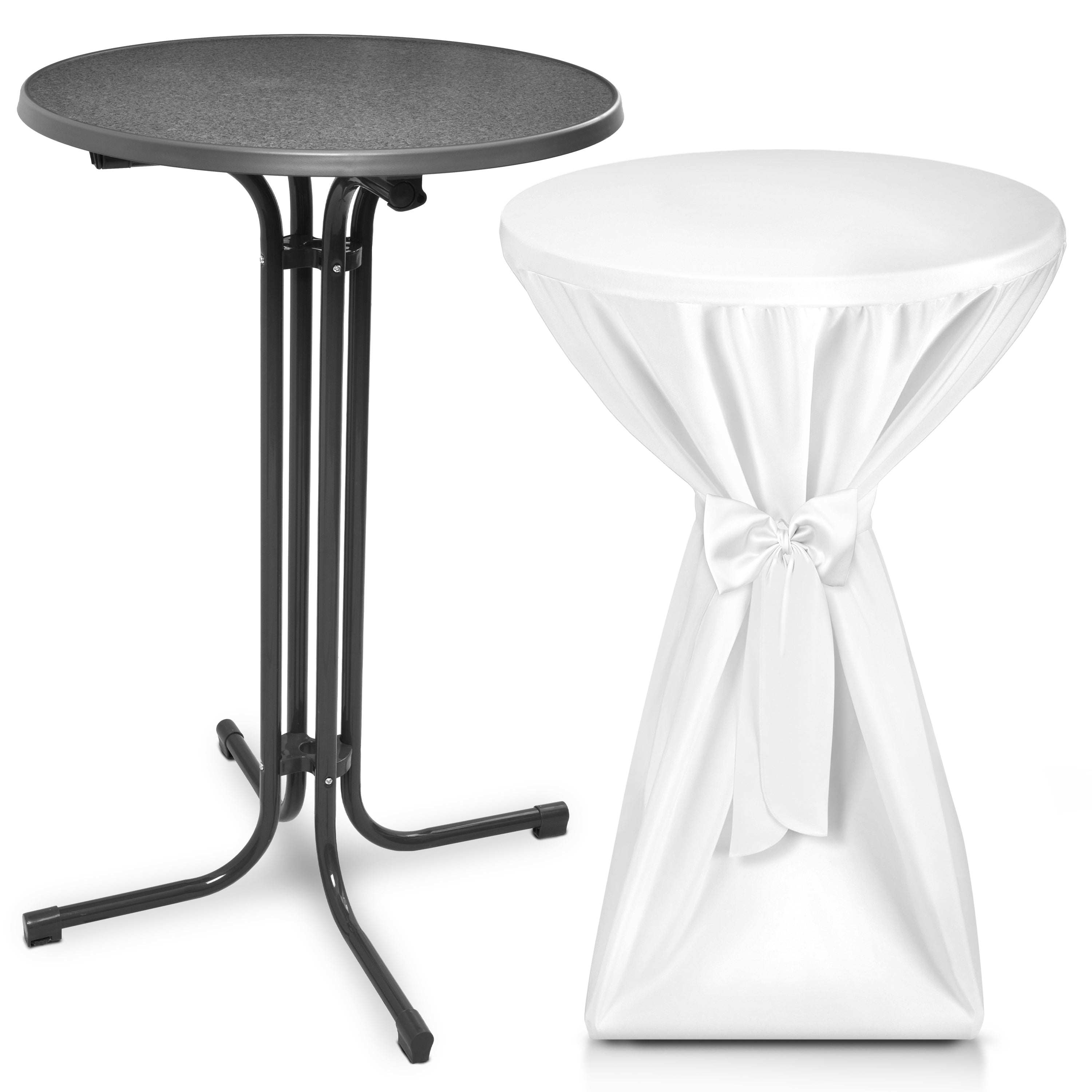 Beautissu grey folding standing table with round top and white premium fitted table cover with bow for events and outdoor use