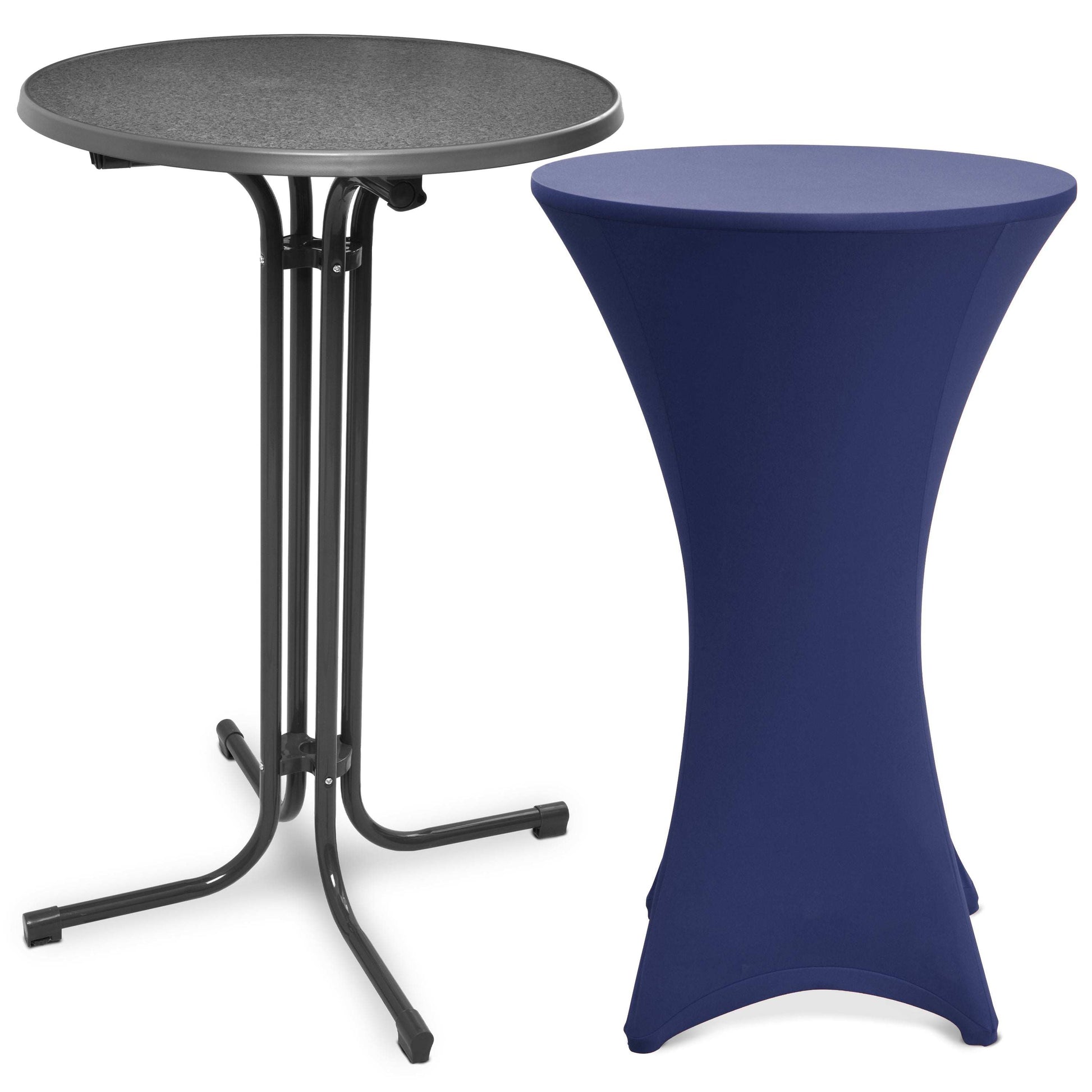 Foldable grey Stehtisch Bellini high table with black metal legs and a blue stretch Stehtischhusse Stella cover for elegant event decoration