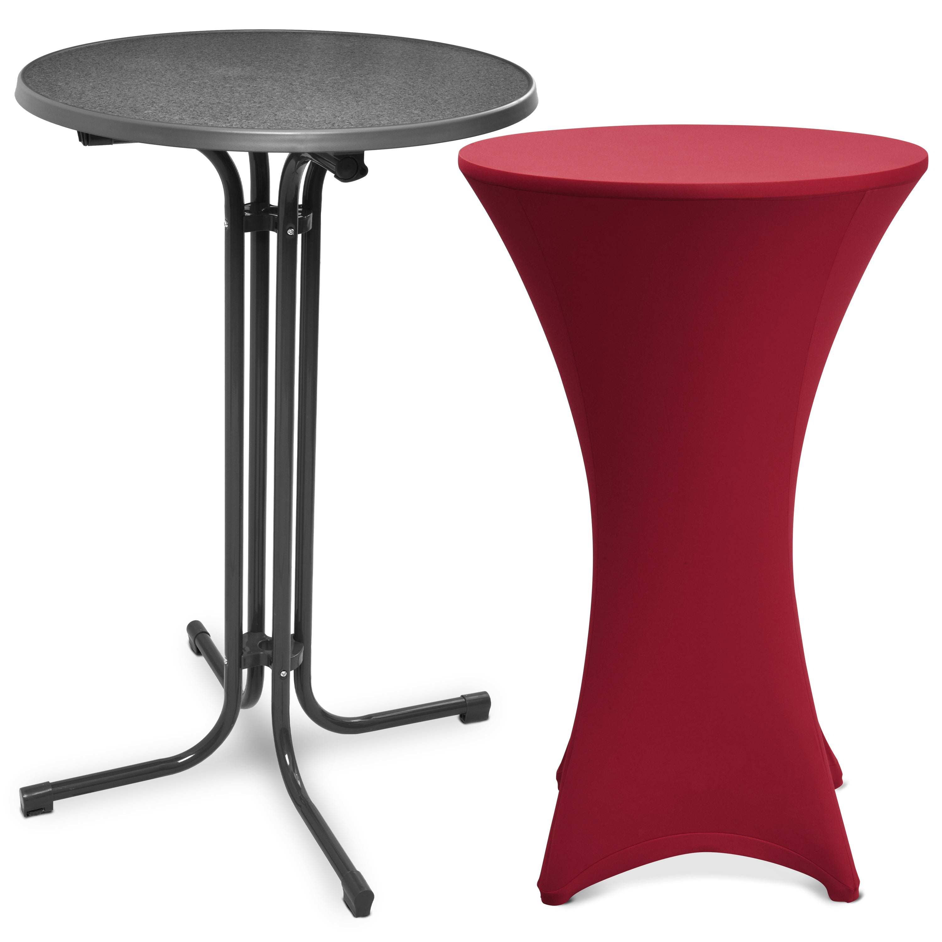 Foldable grey Stehtisch Bellini with round tabletop and red stretch table cover Stella for events