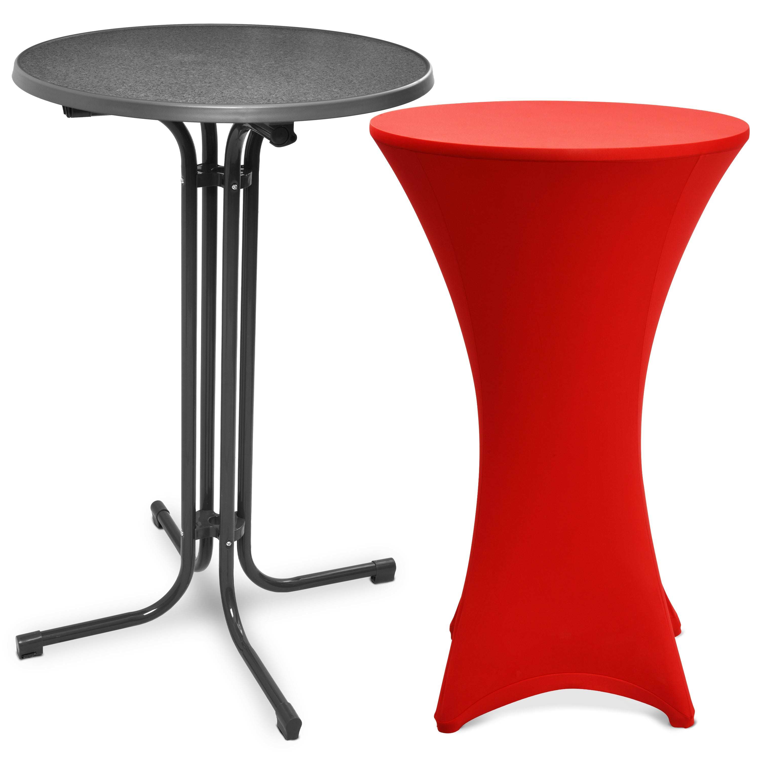 Foldable grey Stehtisch Bellini with black metal legs and red stretch cover Stella for events and parties