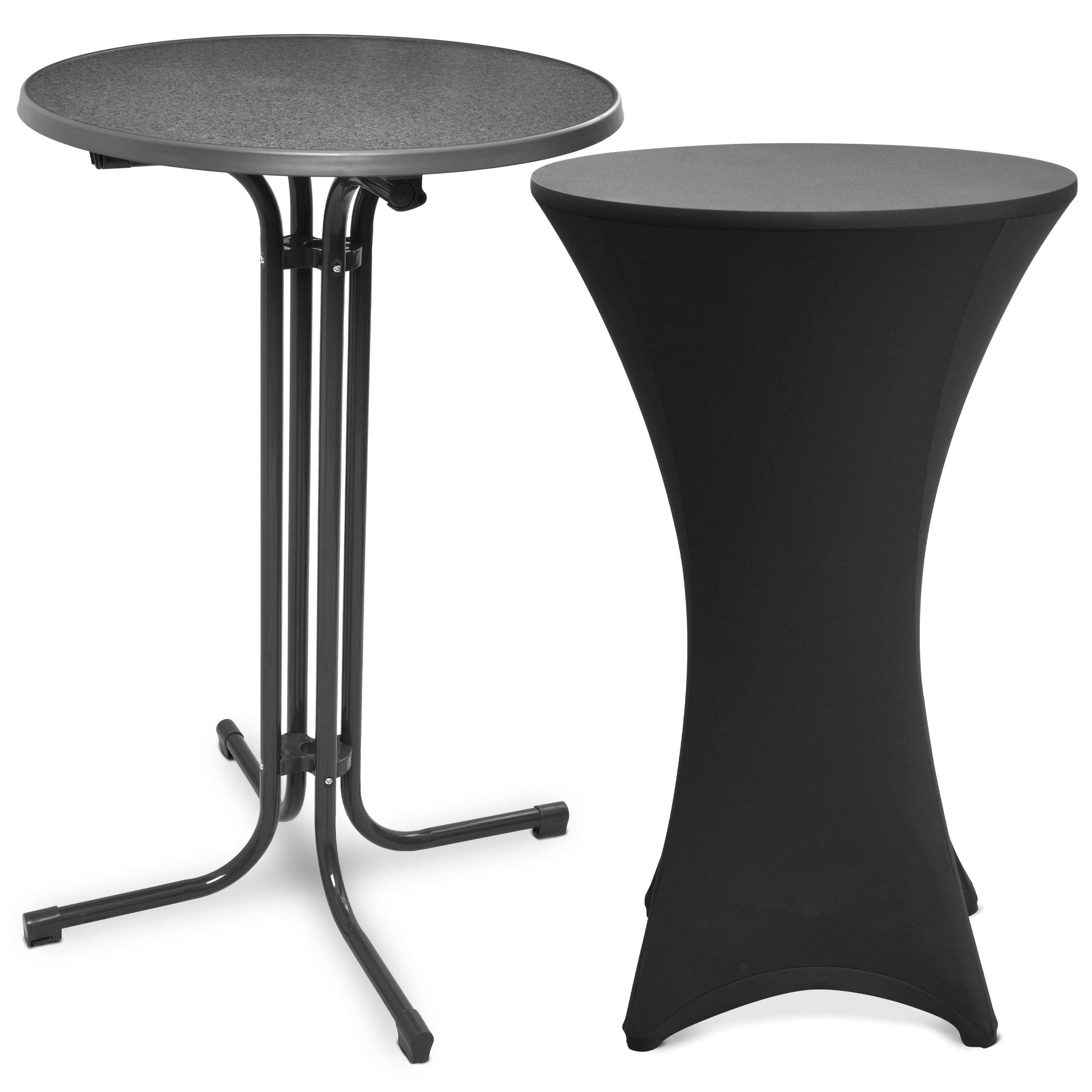 Foldable gray Stehtisch Bellini with black stretch cover Stella, ideal for events, weddings, and bars