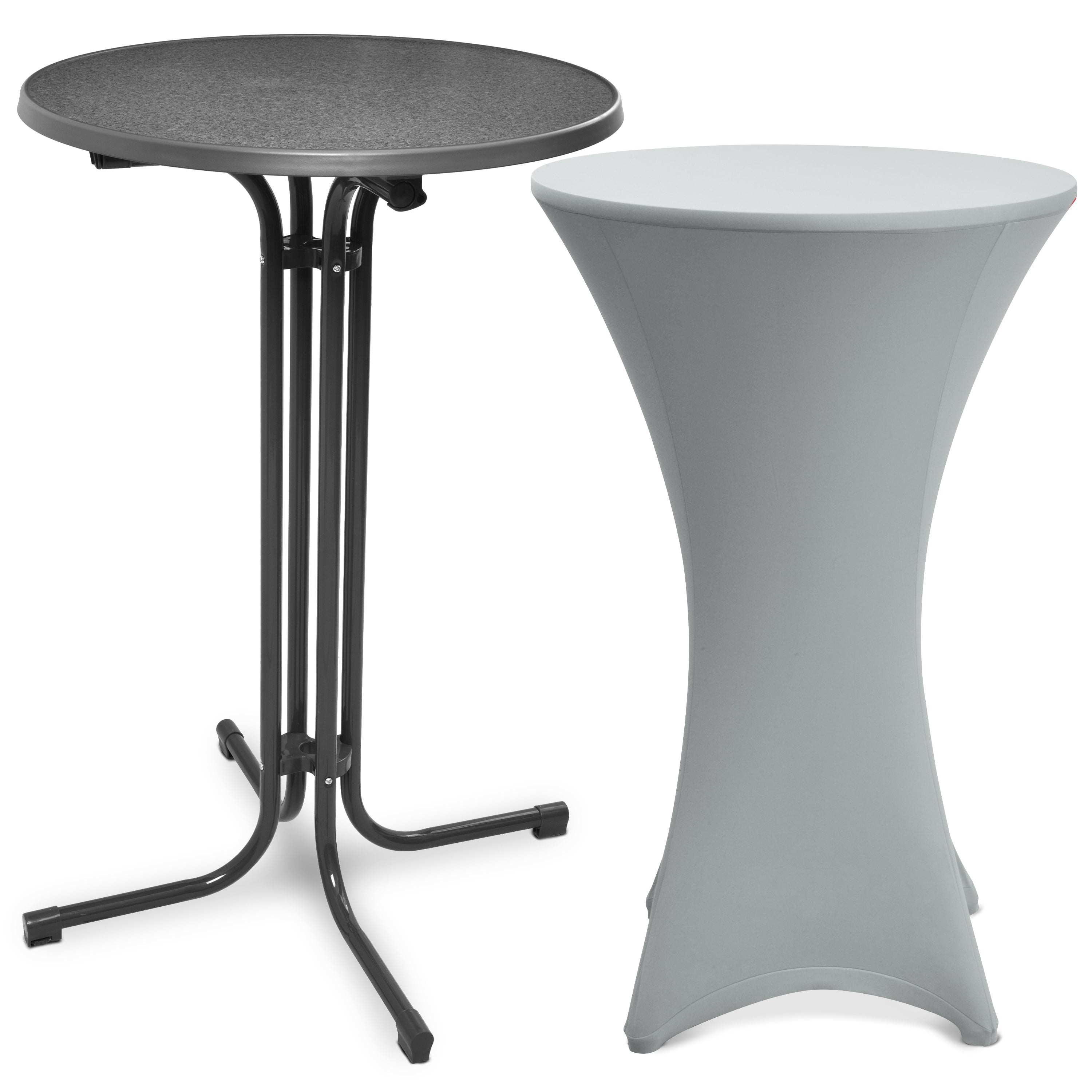 Gray foldable Stehtisch Bellini with matching stretch table cover Stella for events and catering