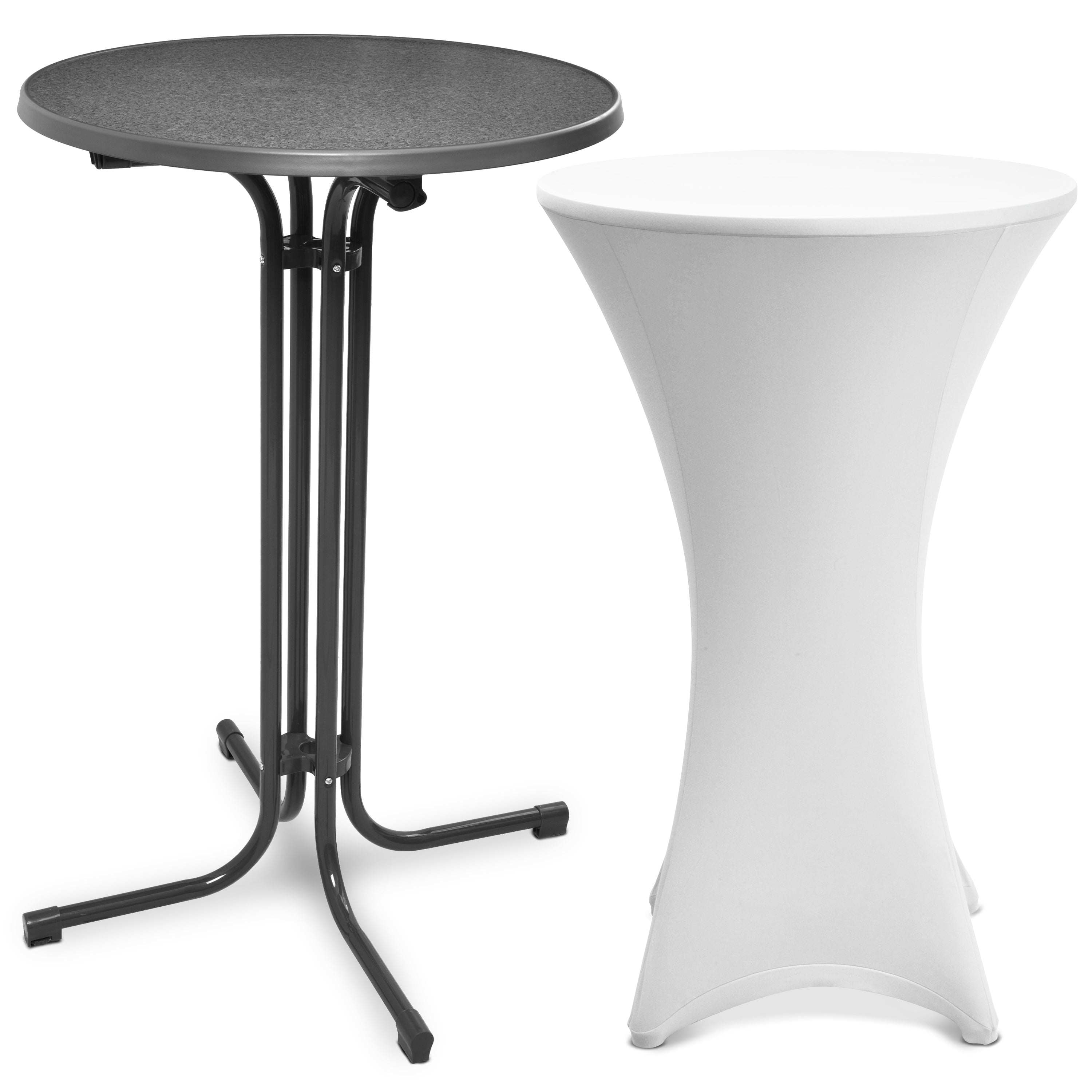 Grey foldable Stehtisch Bellini with black metal legs and white stretch Stehtischhusse Stella cover for elegant event decor