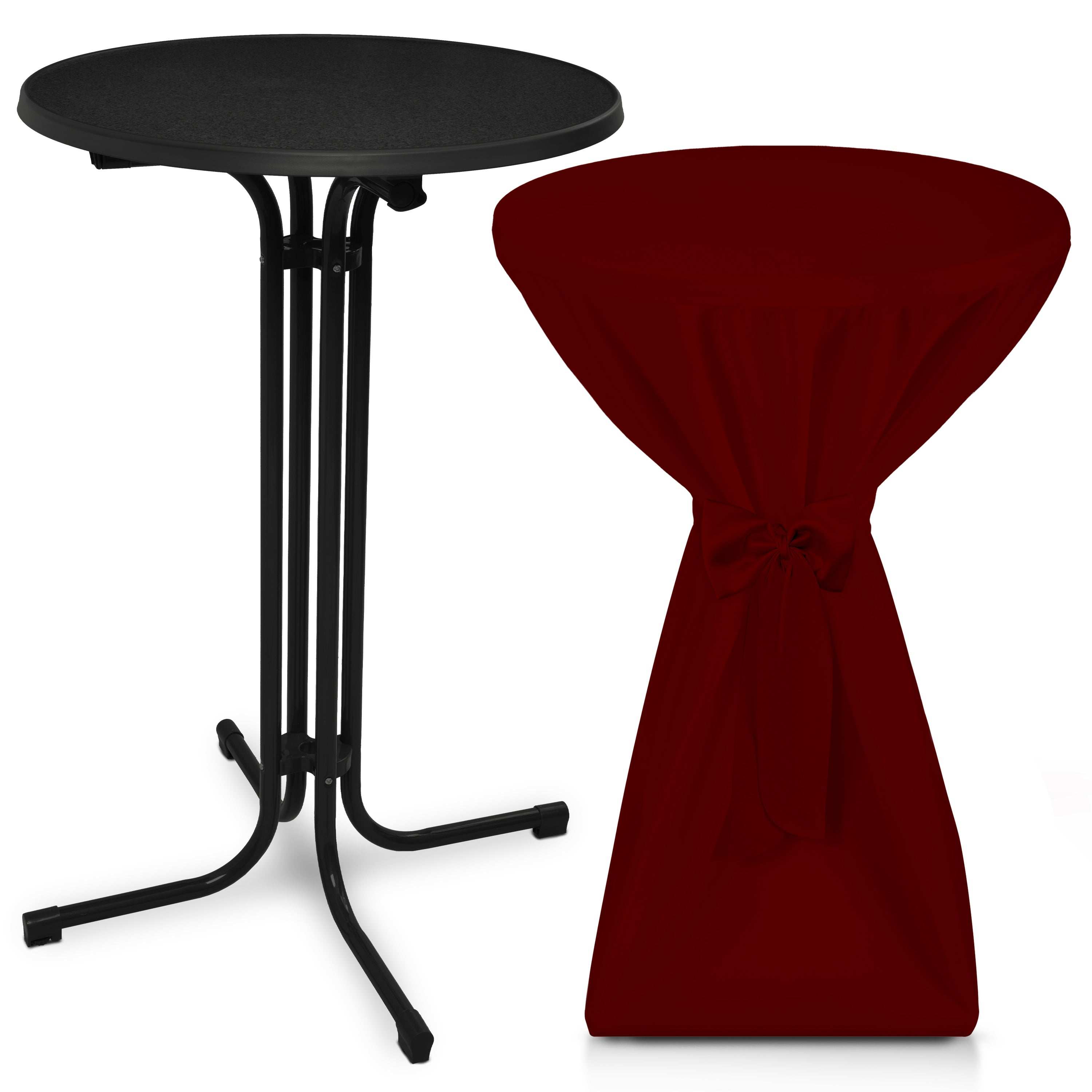 Black foldable standing table with round top and red fitted cover with bow tie for events