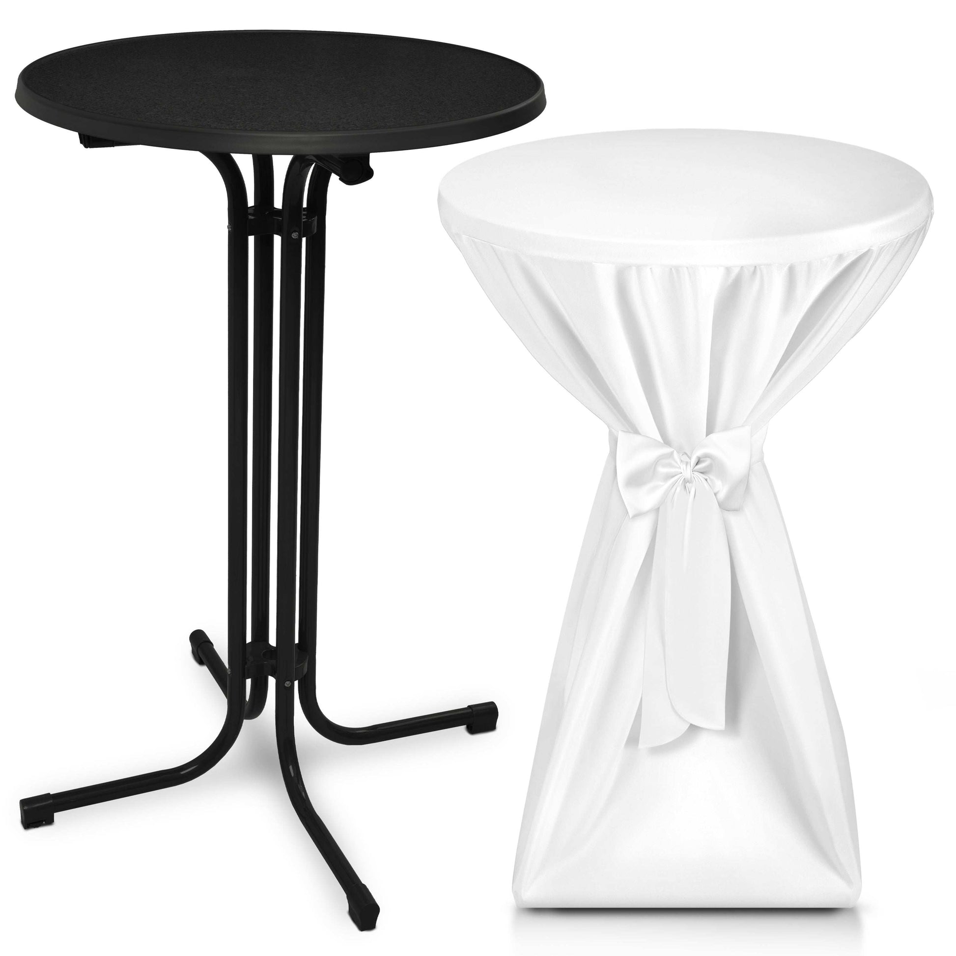 Black foldable standing table with white premium fitted table cover tied with a bow for events and parties