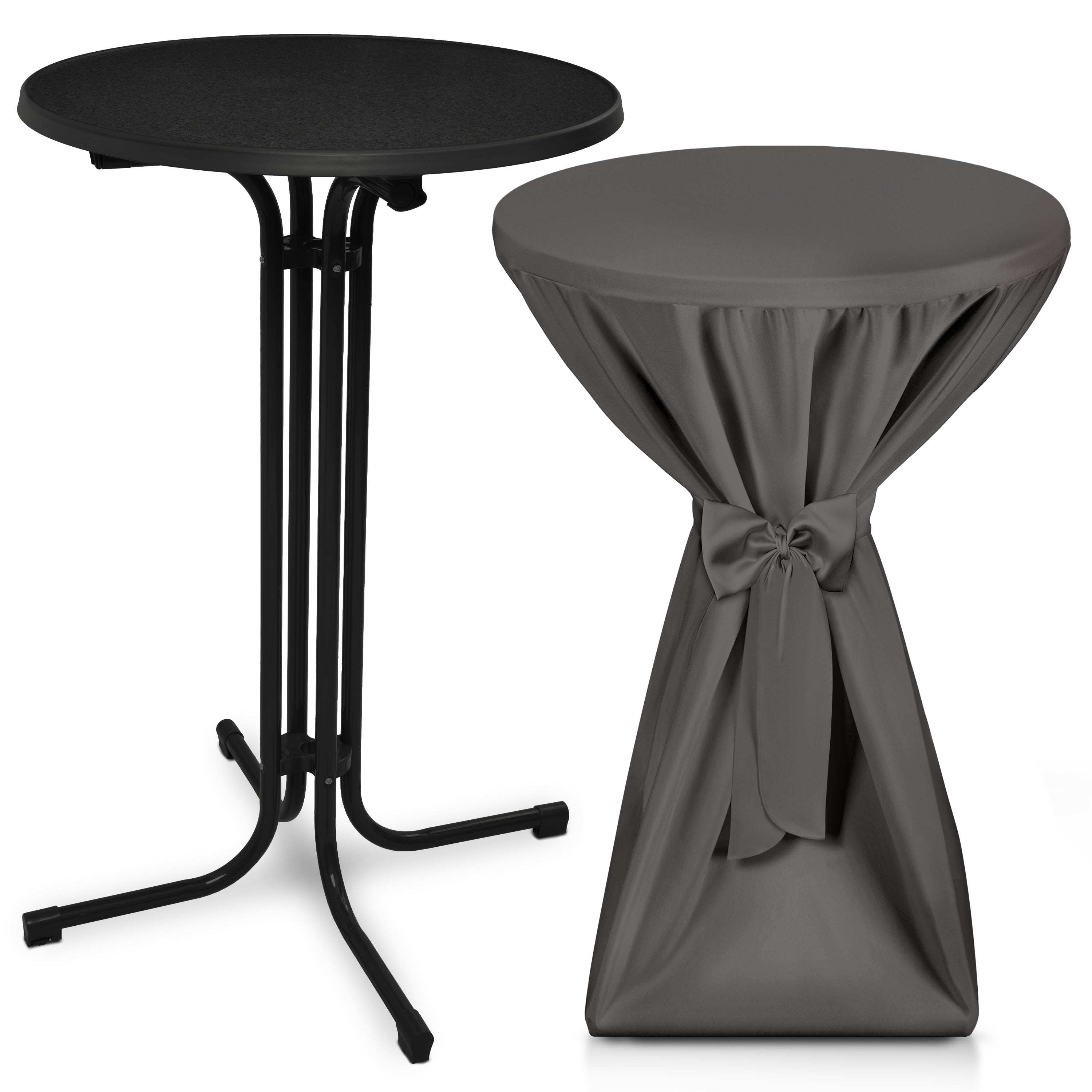 Black foldable standing table Bellini with adjustable height and weather-resistant surface, including elegant grey premium table cover with bow for events and parties
