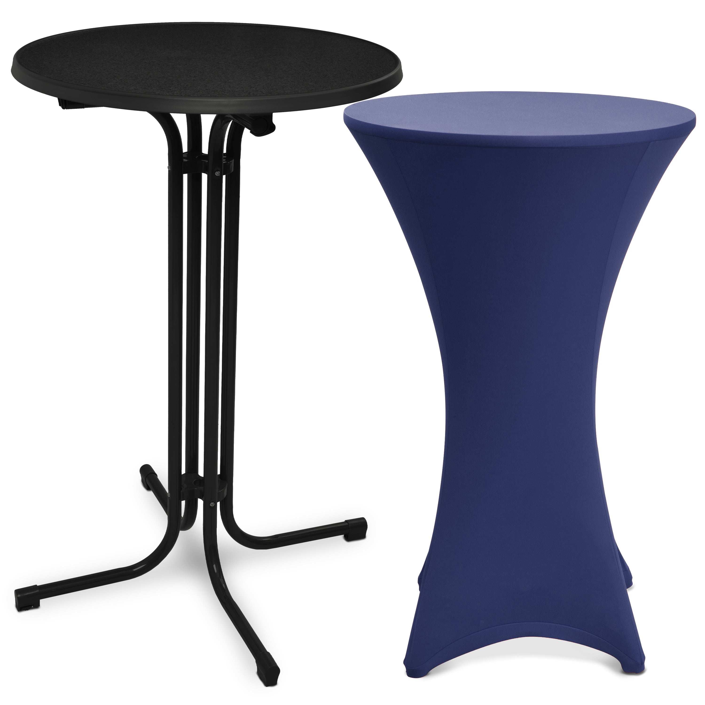 Foldable Beautissu black standing table Bellini with navy blue stretch table cover Stella, ideal for events and easy transport.