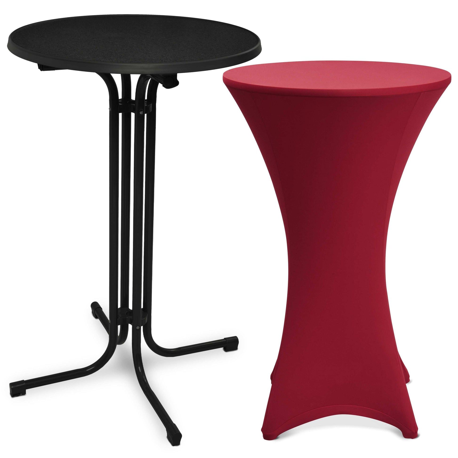 Beautissu schwarzer, klappbarer Stehtisch mit roter Stretchhusse für elegante Veranstaltungen