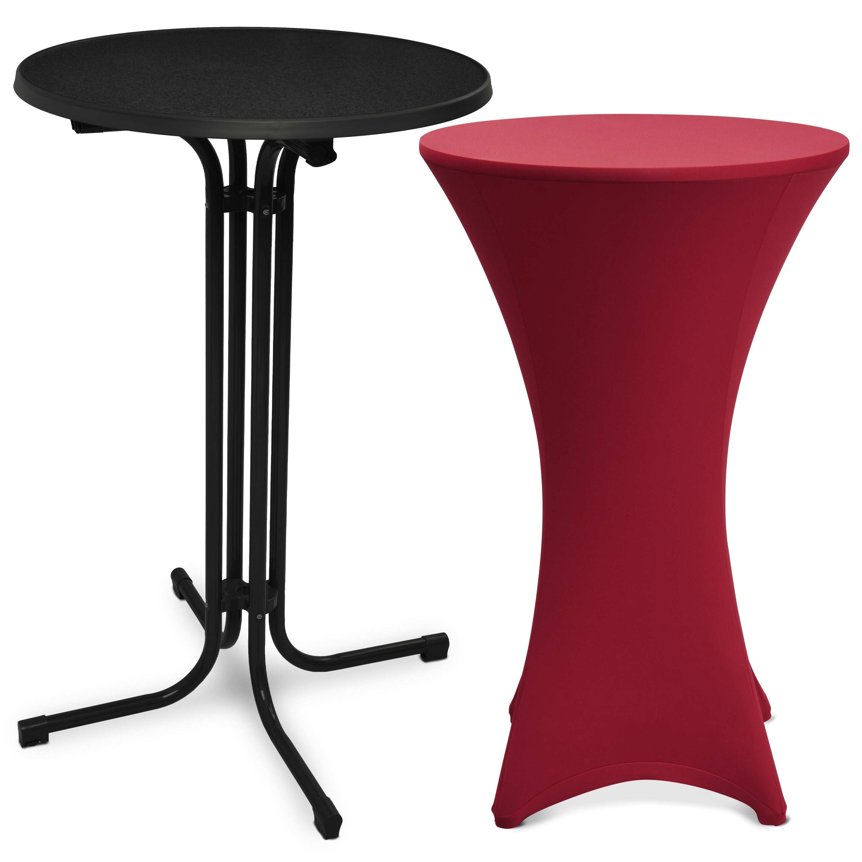 Beautissu schwarzer, klappbarer Stehtisch mit roter Stretchhusse für elegante Veranstaltungen