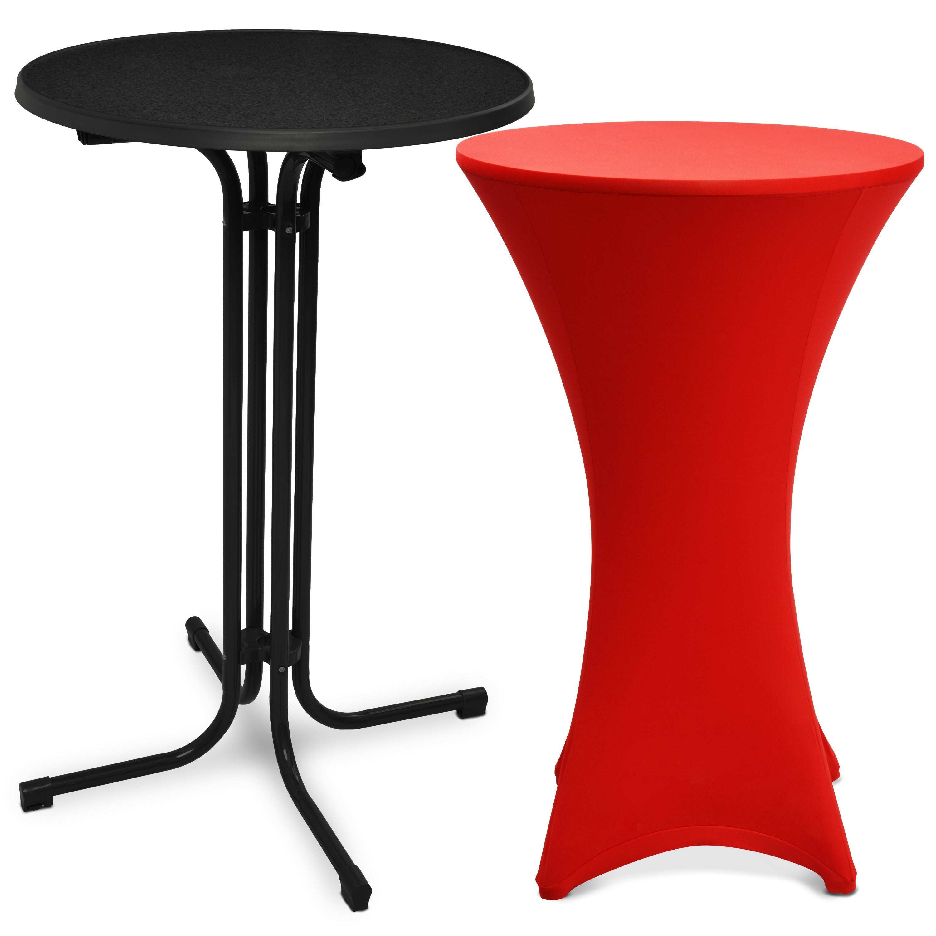 Beautissu black foldable standing table with red stretch table cover, durable steel legs, weather-resistant tabletop, suitable for events and outdoor use