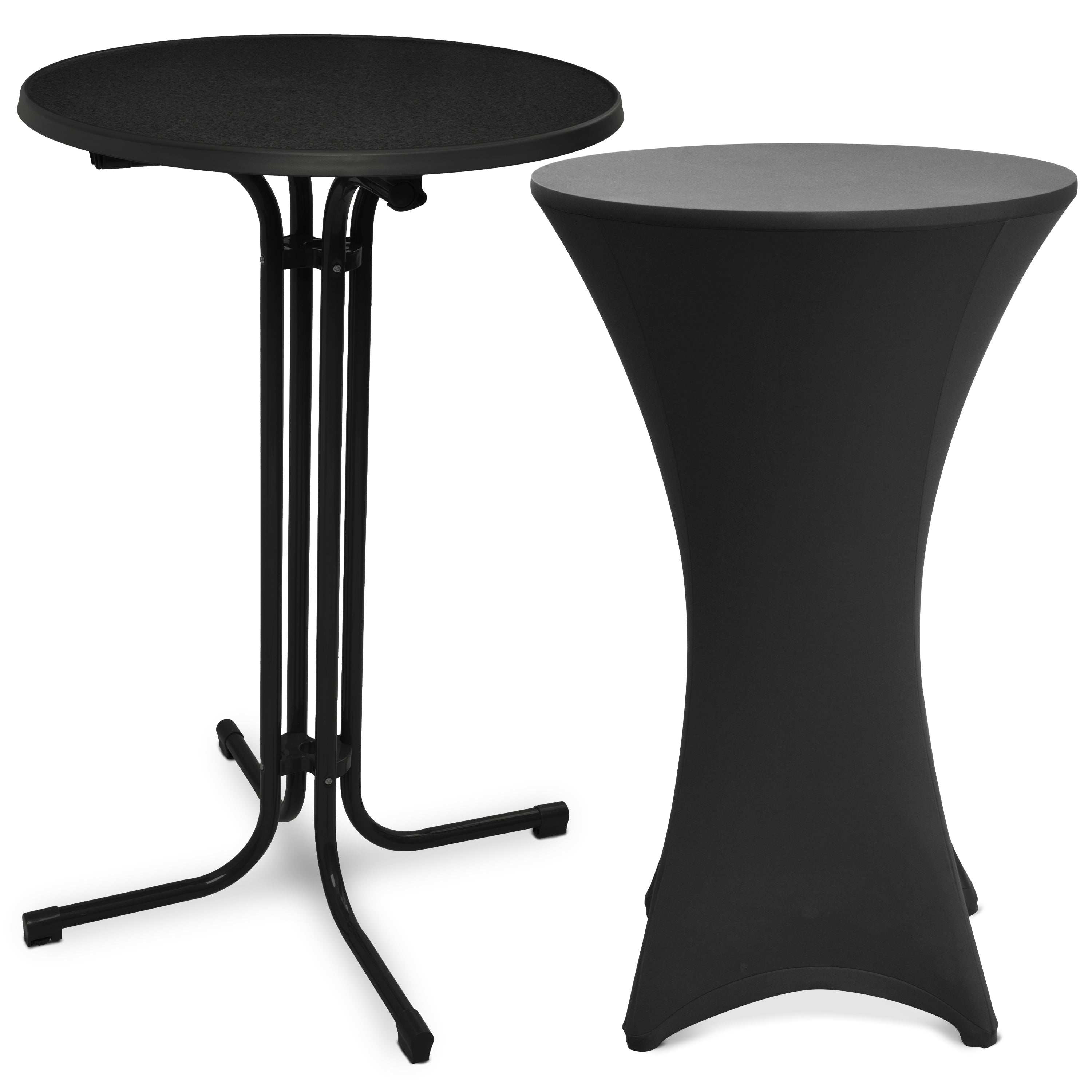 Beautissu schwarzer klappbarer Stehtisch Bellini mit passender schwarzer Stretch-Husse Stella, wetterfest und höhenverstellbar, ideal für Veranstaltungen und Partys