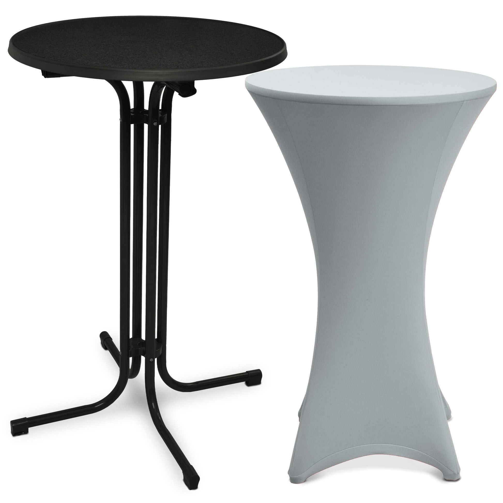 Beautissu black foldable standing table Bellini with white stretch cover Stella for events and catering
