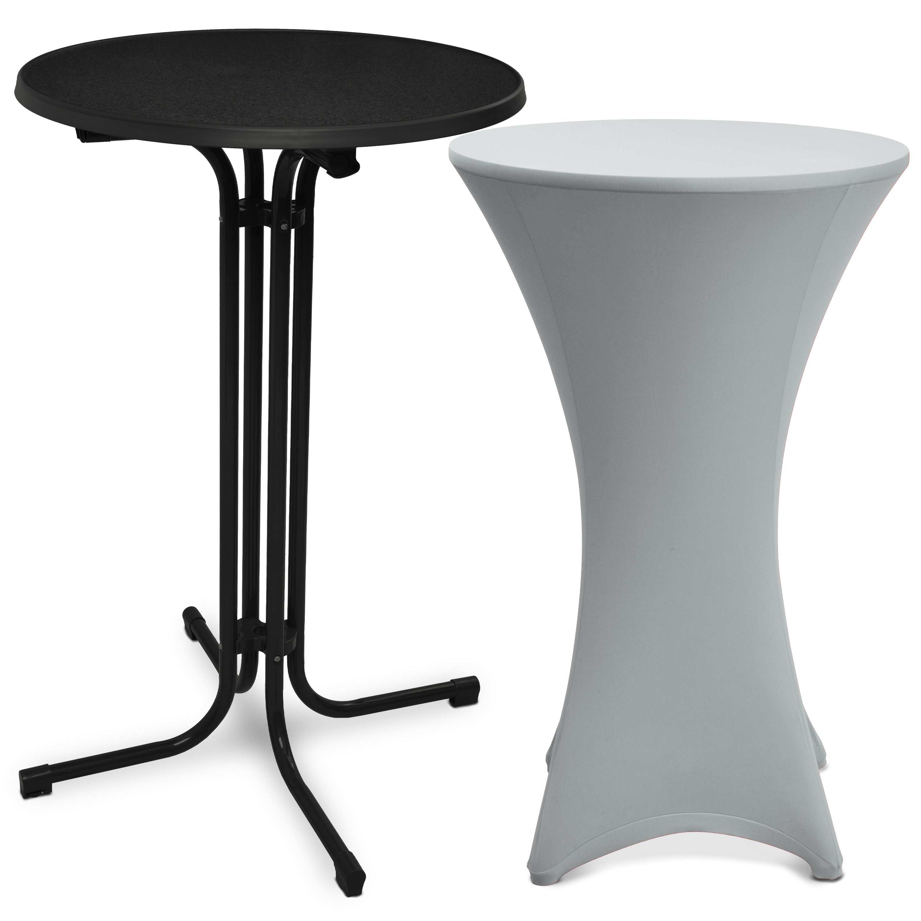 Beautissu black foldable standing table Bellini with white stretch cover Stella for events and catering