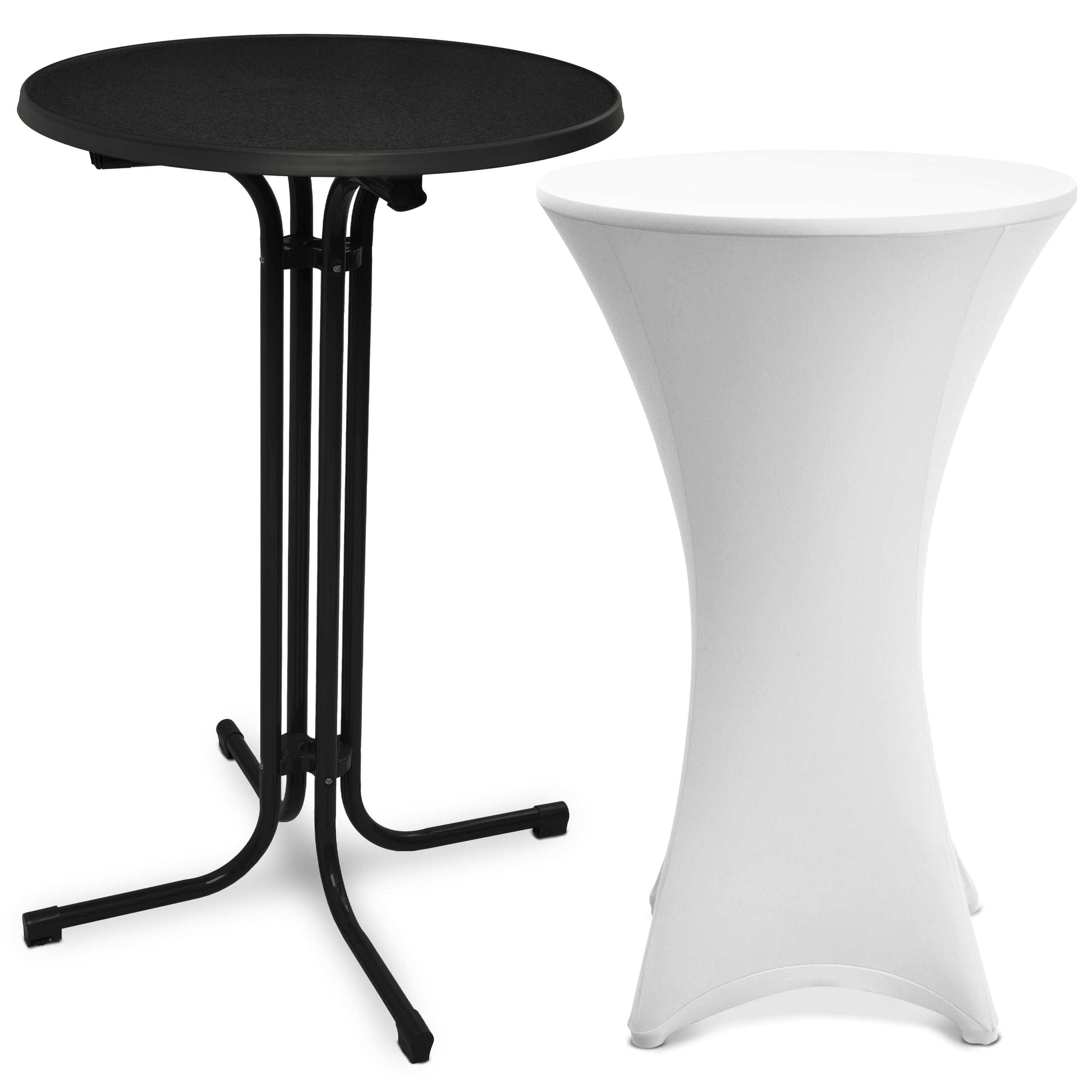 Schwarzer klappbarer Beautissu Stehtisch Bellini mit weißer Stretchhusse Stella für elegante Events