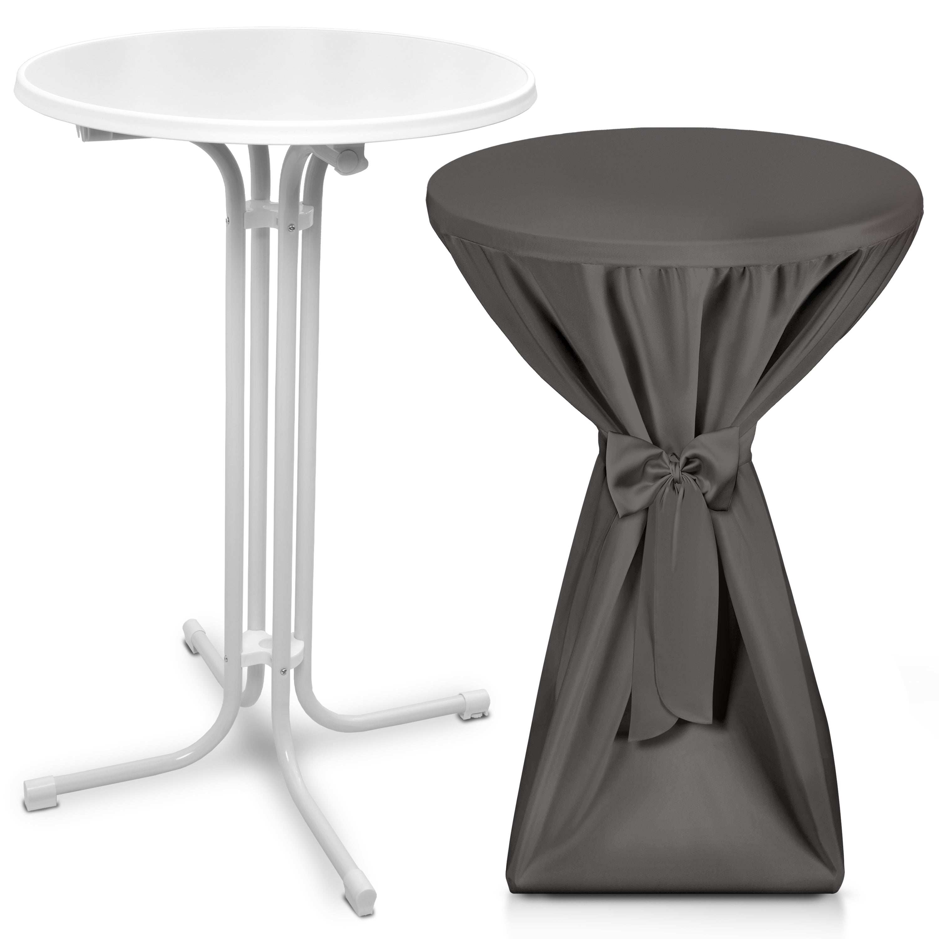 Beautissu white foldable standing table with grey fitted cover and bow for elegant events
