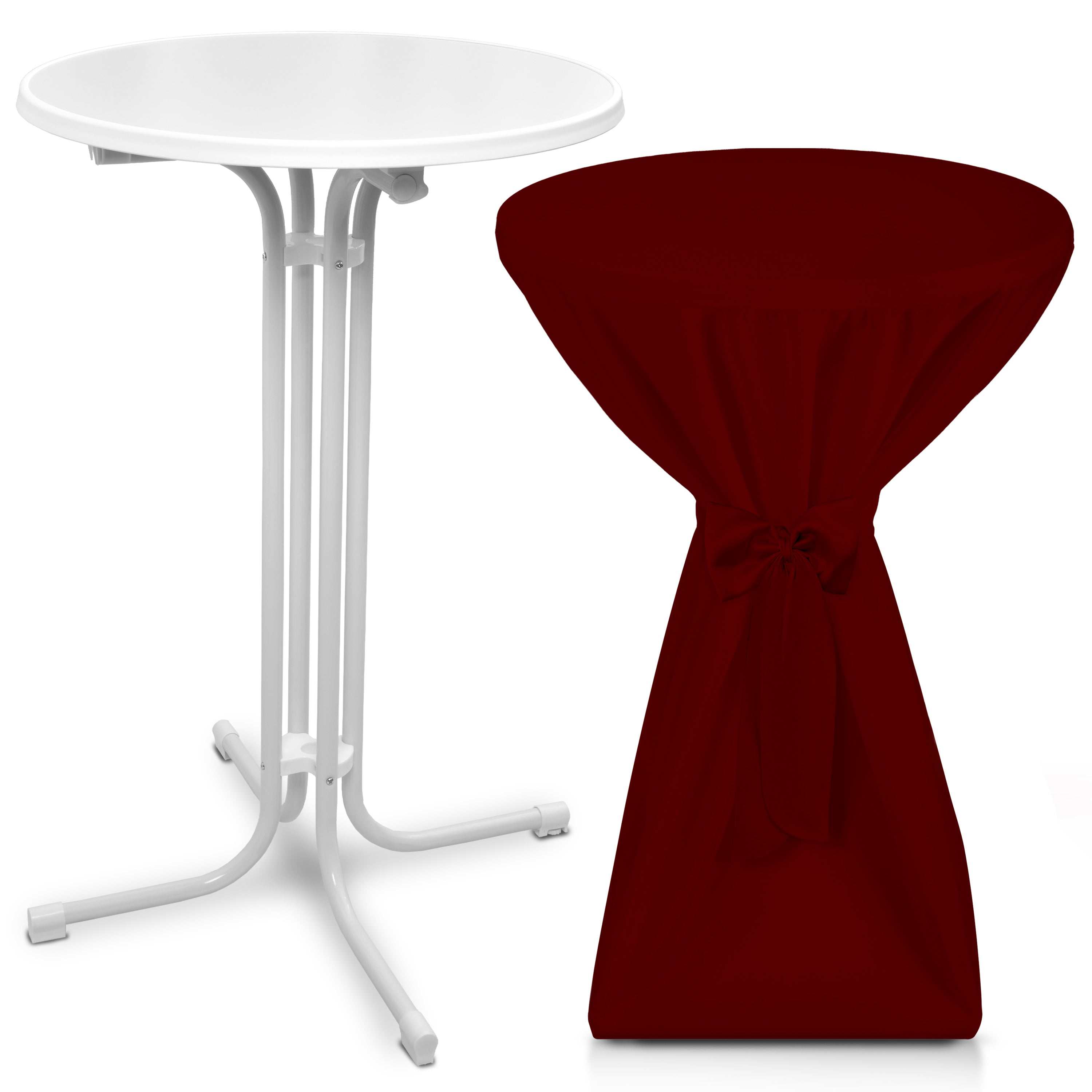 Beautissu white foldable standing table Bellini with burgundy premium table cover for elegant events and outdoor use