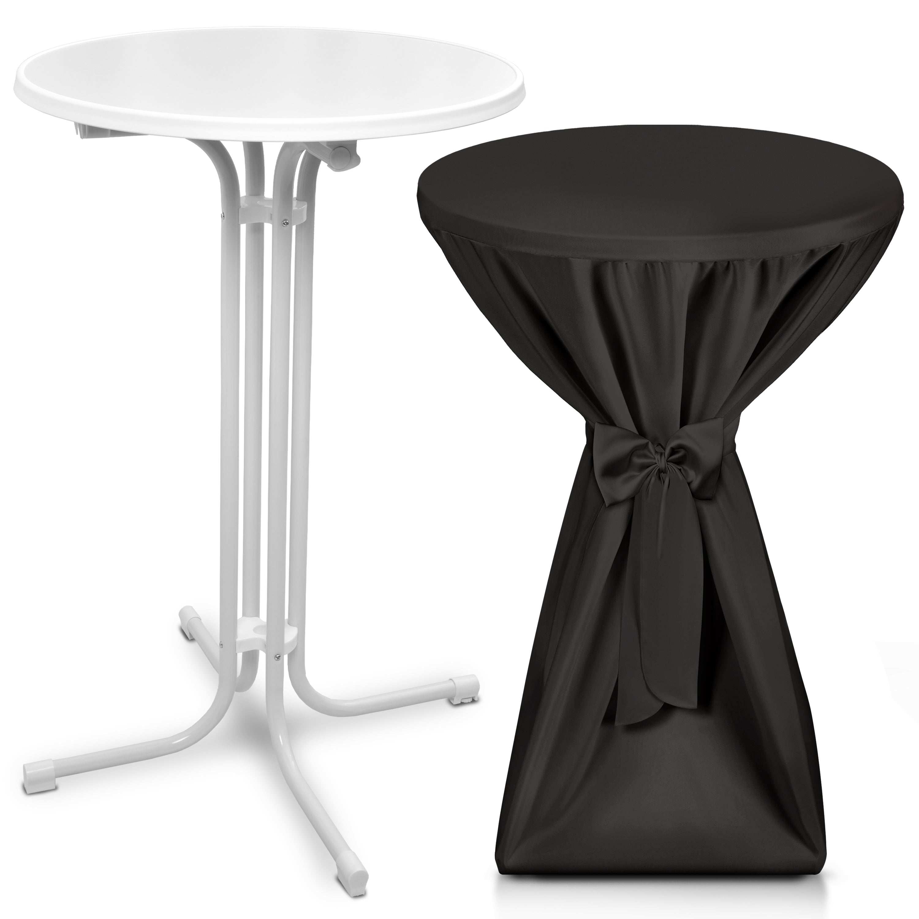Beautissu white foldable standing table Bellini with black premium table cover and bow, suitable for events and outdoor use