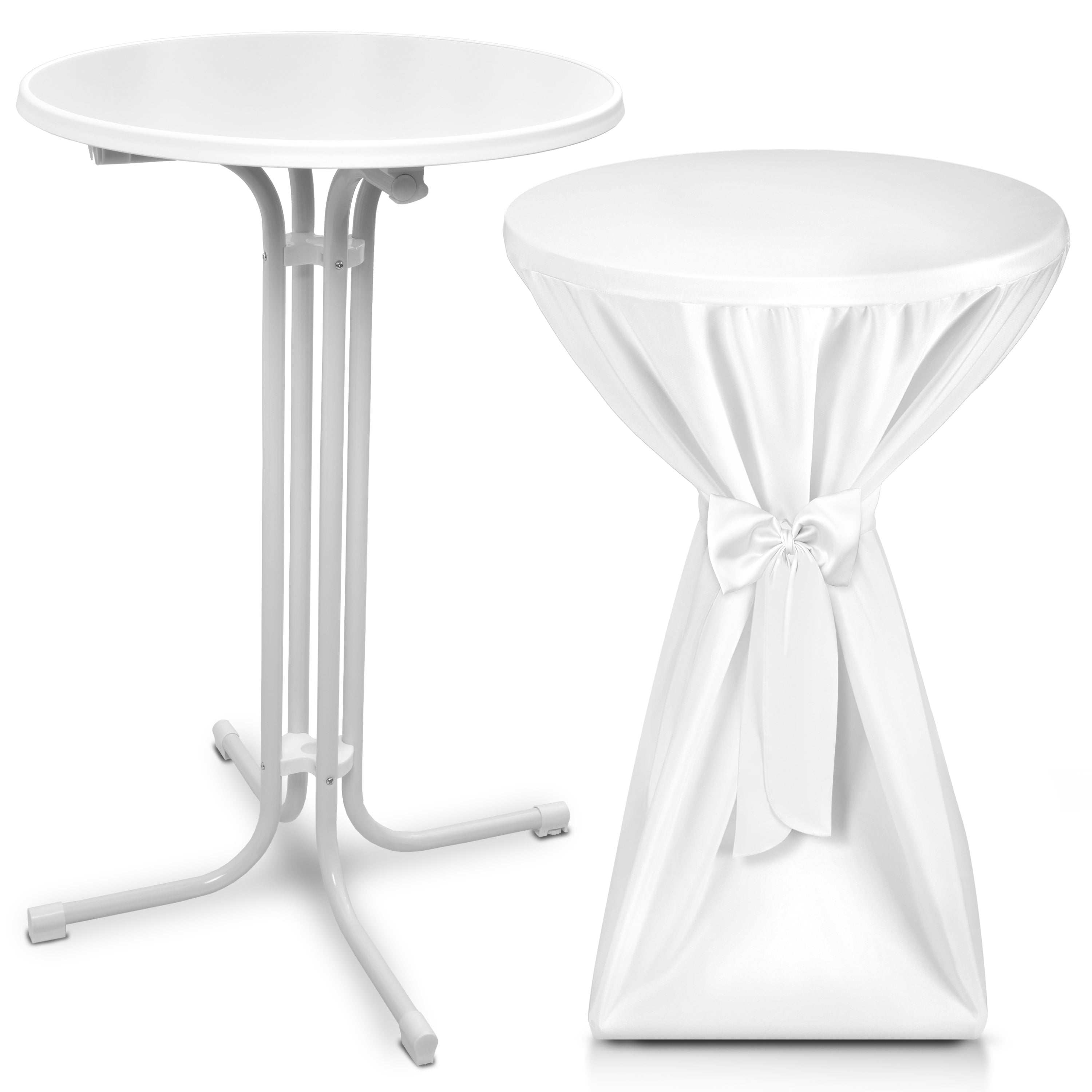 Beautissu white foldable standing table Bellini with matching premium white stretch table cover featuring elegant bow detail for events