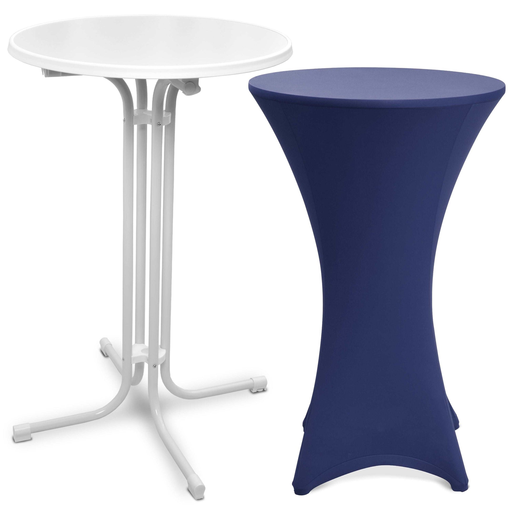 Beautissu weißer klappbarer Stehtisch Bellini mit navy blauer Stretch Stehtischhusse Stella für Events